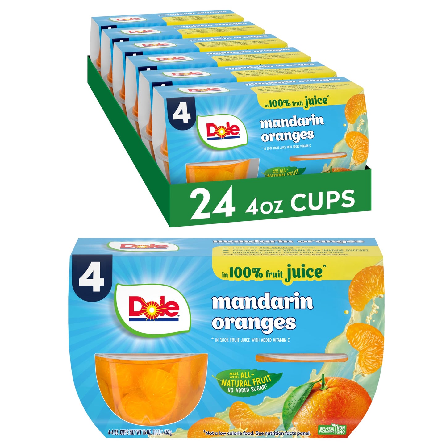 Dole Fruit Bowls Mandarin Oranges In 100% Juice Snacks, 4Oz 24 Total Cups, Gluten & Dairy Free, Bulk Lunch Snacks For Kids & Adults