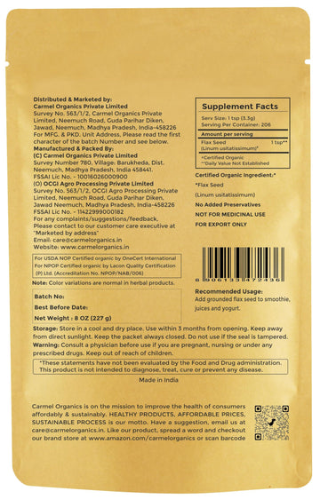 Organic Flax Seeds Whole 8 Ounce or 227g (0.5 Lb) | Non GMO | Kosher | USDA Certified Organic | By Carmel Organics | Unroasted F