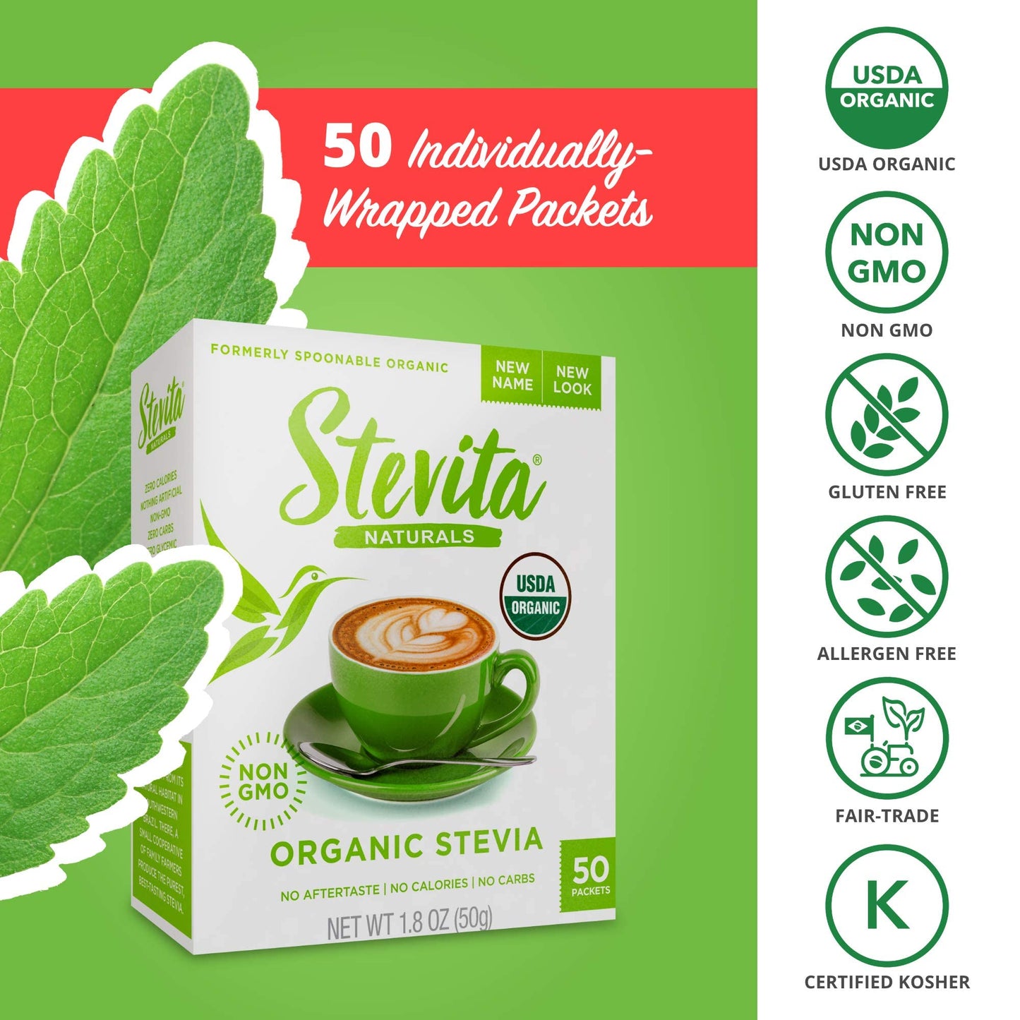 Stevita Organic Stevia - 50 Packets - Stevia & Erythritol All-Natural Sweetener, No Calories - USDA Organic, Non-GMO, Vegan, Ket