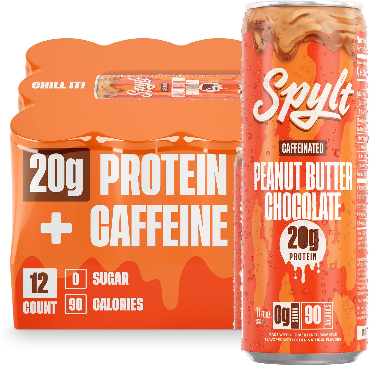 Spylt High Protein Peanut Butter Chocolate Milk - 20g Protein, 60mg Caffeine, Sugar Free, 132 Fl Oz, Ready to Drink, 12 Count