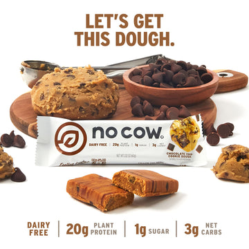 No Cow High Protein Bars, Chocolate Chip Cookie Dough - Healthy Snacks, 20G Vegan Protein, High Fiber, Low Sugar, Keto Friendly,