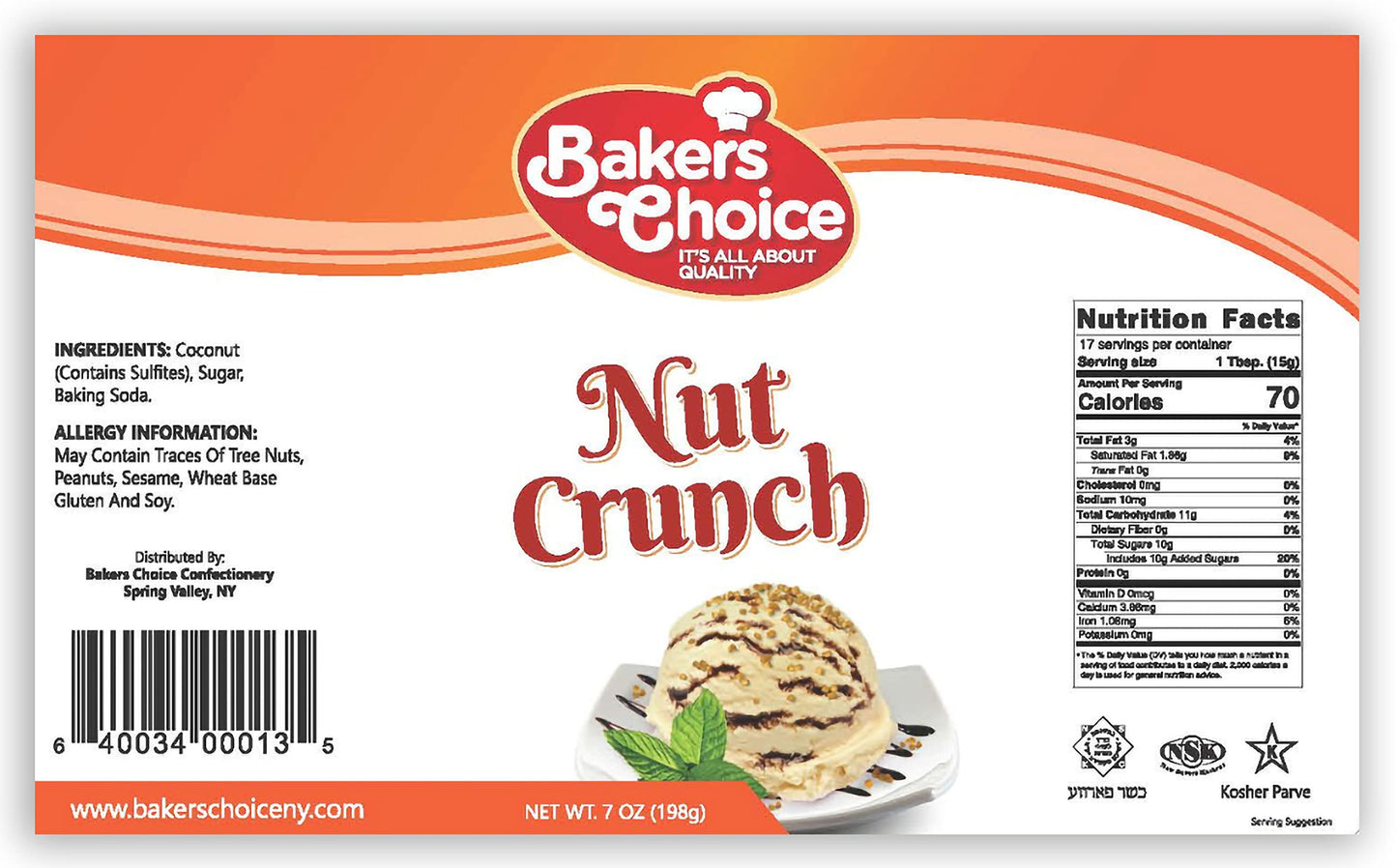 Coconut Crunch Topping - Coconut Sprinkles For Ice Cream Sundae Toppings - 7 Oz. - Dairy Free, Kosher - Baker’S Choice