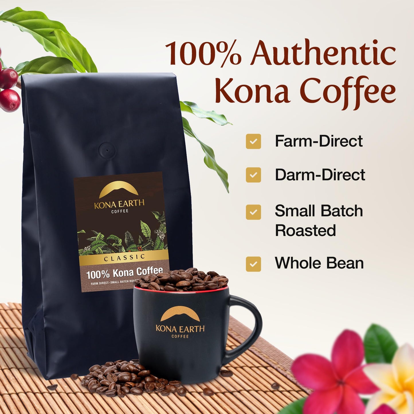 Kona Earth - Classic, 100% Kona Coffee Beans, Classic Dark Roast Whole Bean Coffee, Micro-Batch-Roasted, 5 Lbs., Pack Of 1