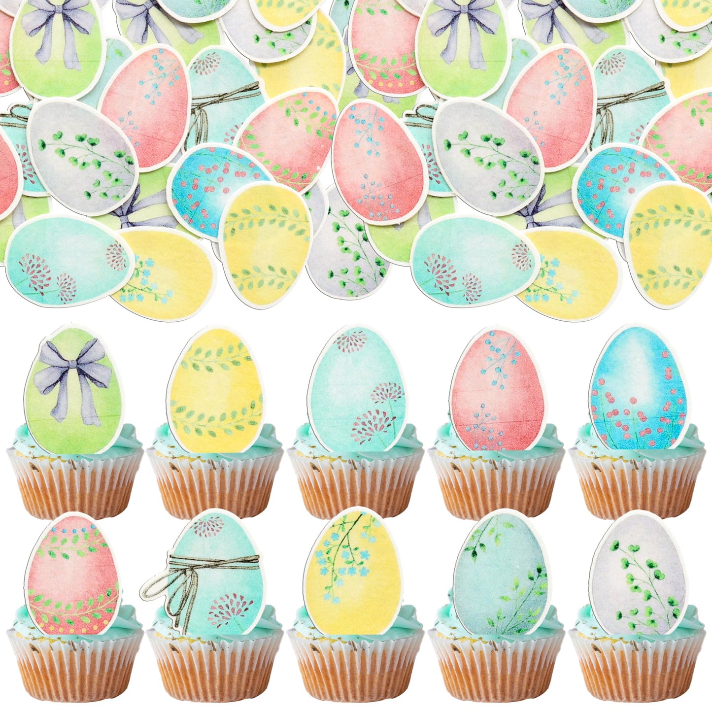 Gyufise 50Pcs Edible Easter Eggs Cupcake Toppers Edible Spring Happy Easter Cupcake Picks Wafer Paper Cake Decorations For Spring Birthday Baby Shower Party Supplies
