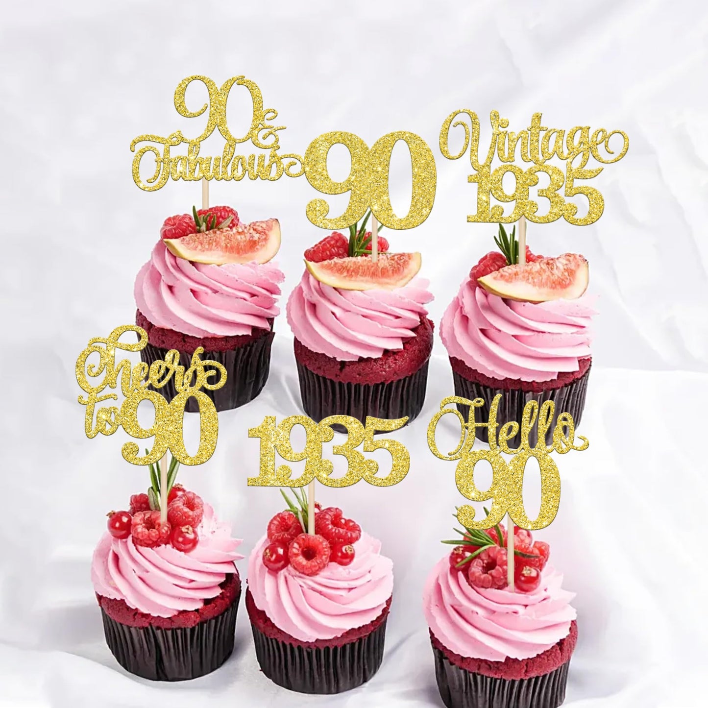 Rssta i 24 Pack Gold Glitter 90th Birthday Cupcake Toppers for Party Decorations