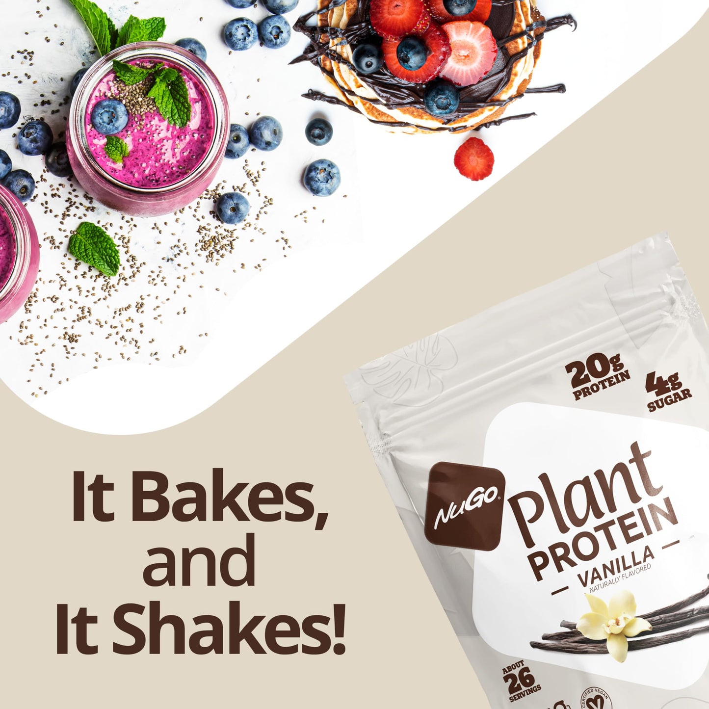 NuGo Plant Protein Powder, Chocolate, 20g Vegan Pea Protein, Low Sugar, 32 Ounce