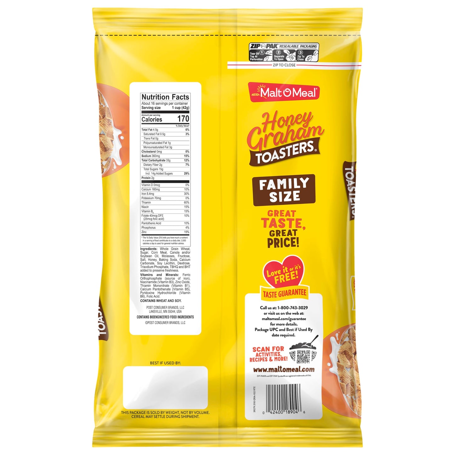 Malt-O-Meal Honey Graham Toasters Breakfast Cereal, Honey Graham Cereal Squares, Super Size Bagged Cereal, 24 Oz Resealable Cere