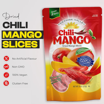 Dried Mango Slices - Delicious Texture Soft & Juicy Low Sugar Added Dried Mango - Naturally Ripened Mangos Dried Fruits - Gluten Free Dry Mangoes Natural Source of Vitamin C Fiber (8 oz chili)