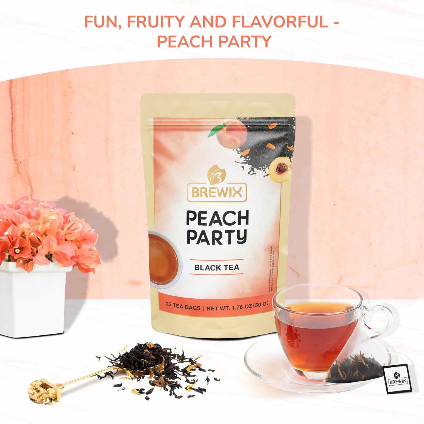 BREWIX Peach Black Tea - Premium Caffeinated Blend, Sugar-Free, 25 Pyramid Bags