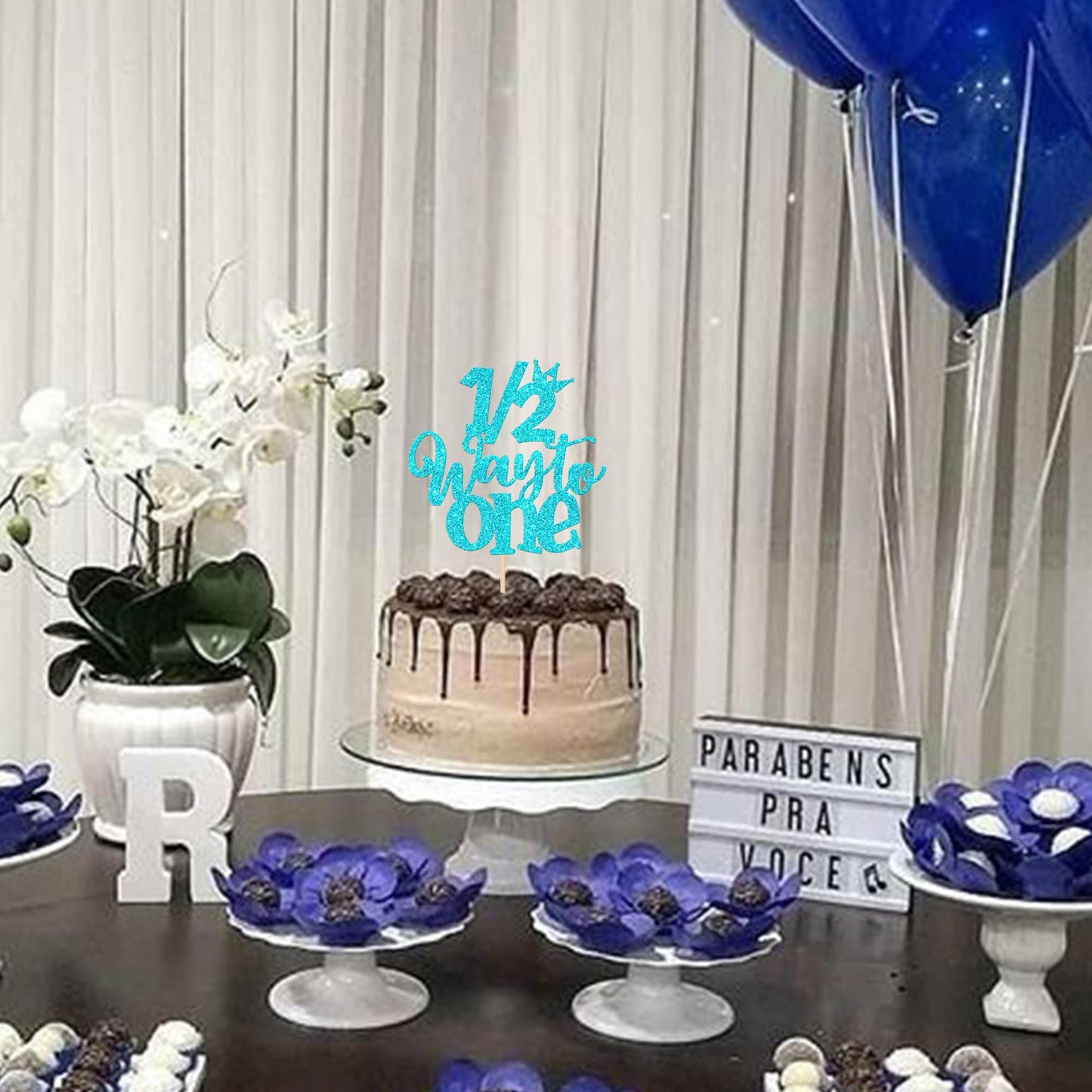 ZHUOWEISM Cake Topper Glitter Happy 6 Months Birthday Decoration, Blue, Paper, 1 PCS
