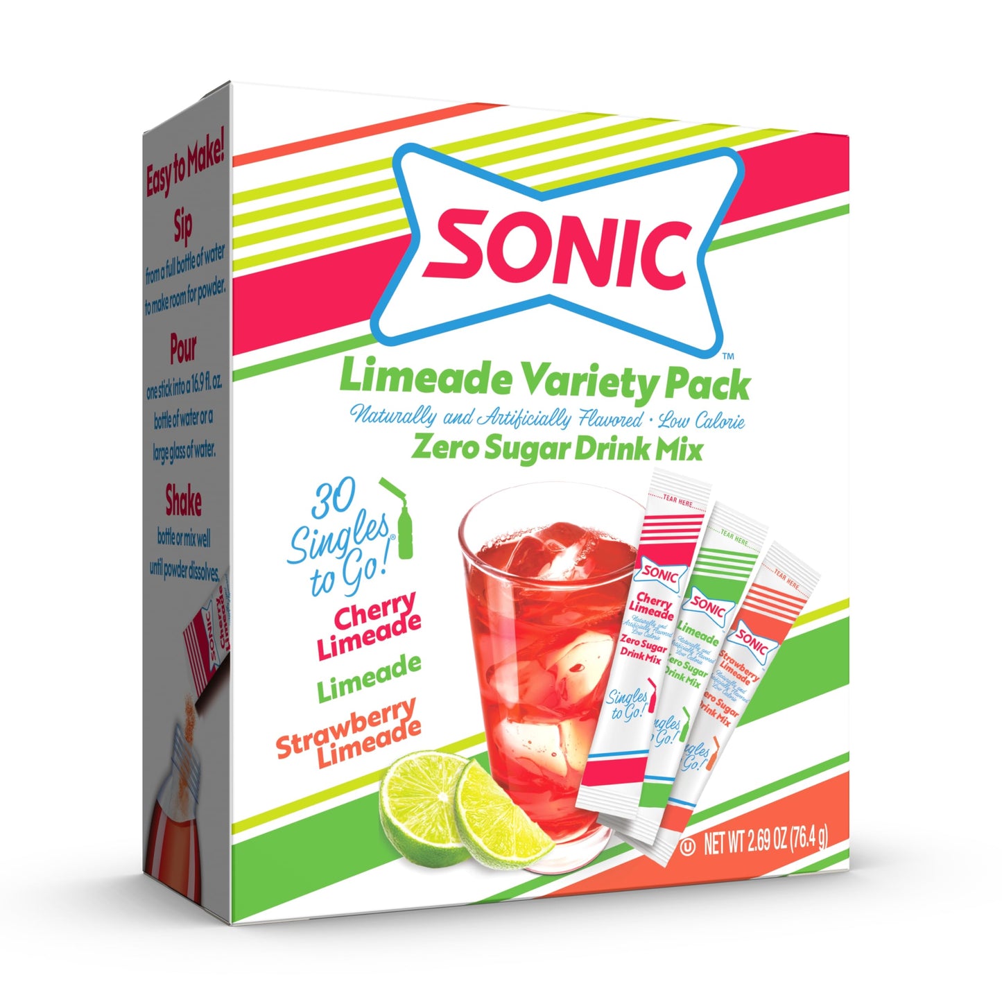 SINGLES TO GO! Limeade Variety Pack, Powdered Drink Mix, 3 Flavors, 30 Servings (0.09 Ounce Each)