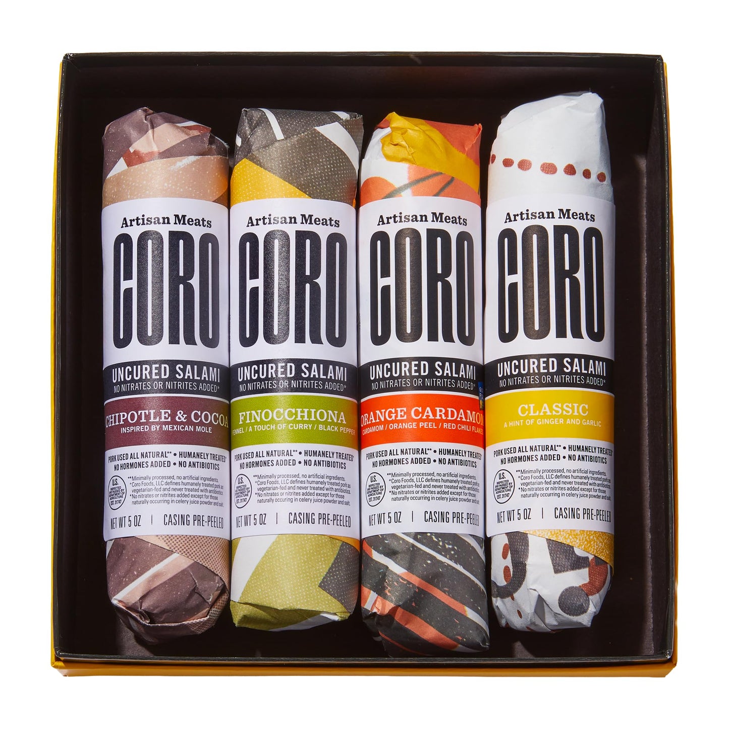 Coro Unsupports Wellnessd Salami Gift Box - 4 Artisan Salami Sticks (5Oz Sticks) | Classic With Garlic & Flavor Blendger Chipotle & Cocoa Orange Cardamom Finocchiona | All Natural Gluten-Free | Gourmet Charcuterie Gift