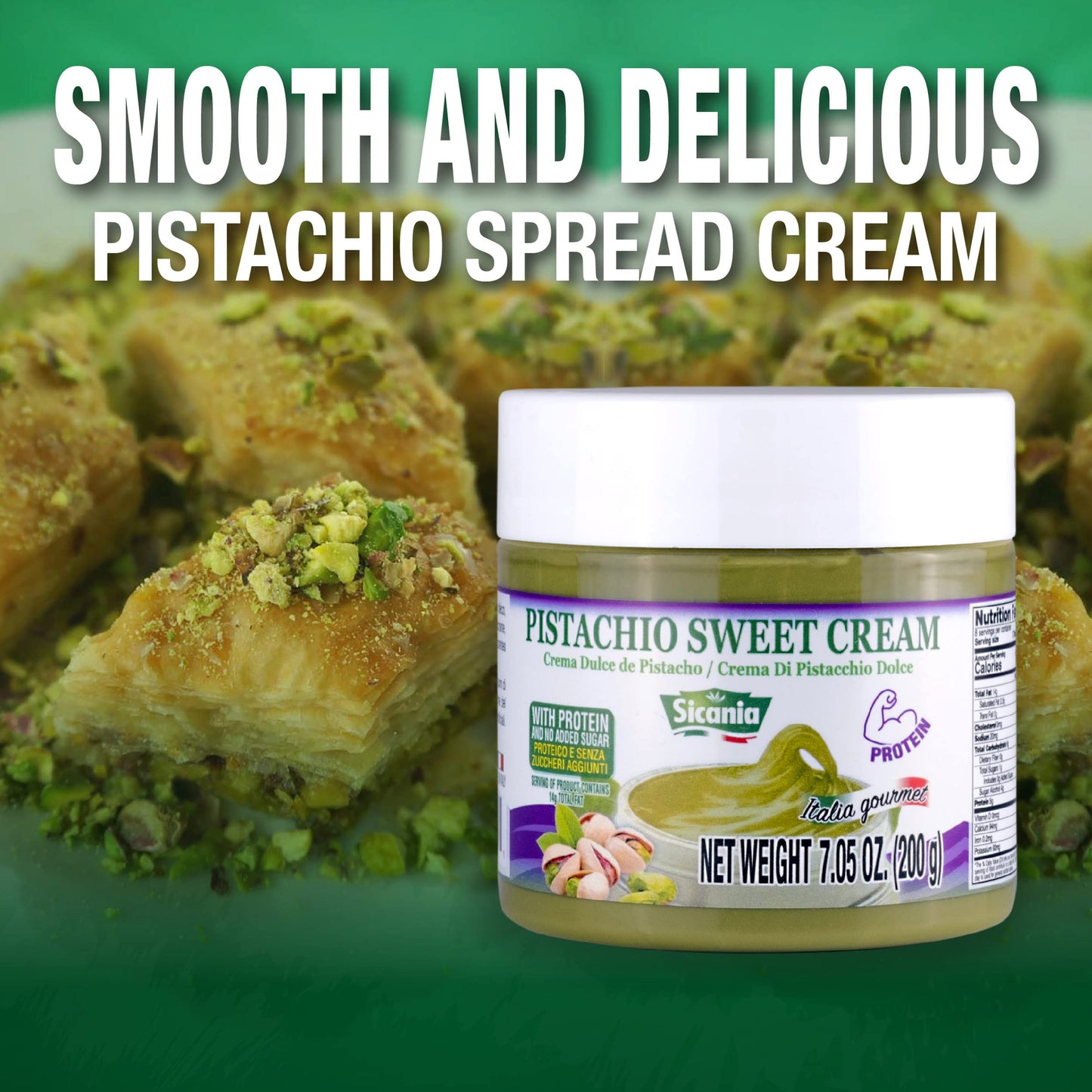 Sicania Premium Pistachio Protein Sweet Cream, 7.05 Oz (200G) - 100% Italian Made - Guilt-Free Indulgence - Gluten-Free, Non-Gmo