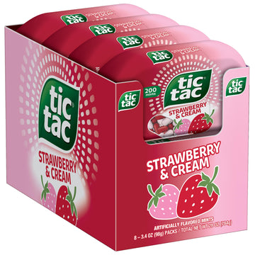 Tic Tac Strawberry & Cream Flavored Mints, 8 Count, On-The-Go Refreshment, Stocking Stuffers, 3.4 Oz Each