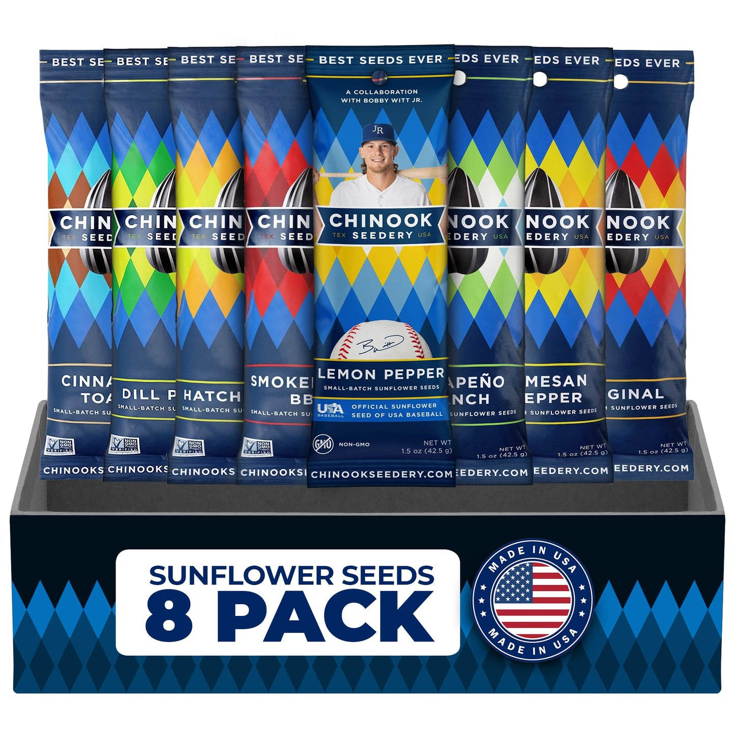 Chinook Seedery Roasted Sunflower Seeds to Eat - 8 Flavor Sampler Pack 1.5 oz (Pack of 8) Jumbo Low Sodium Sunflower Seeds Keto