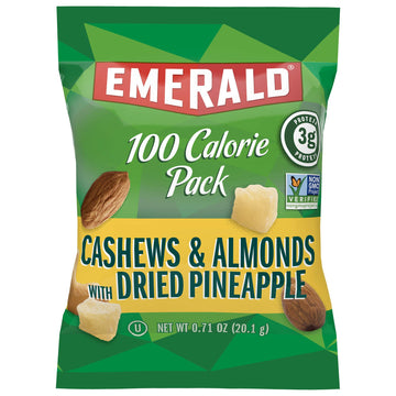 Emerald Nuts Cashews And Almonds With Dried Pineapple 7 Ct (1-Pack), 100-Calorie Individual Packs Of Mixed Nut Blend And Dried Fruit