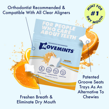 Movemints Clear Aligner Mints - Patented Aligner Seating Mints - Edible Alternative To Aligner Chewies - Xylitol Mints For Dry Mouth - Orange (3 Pack)