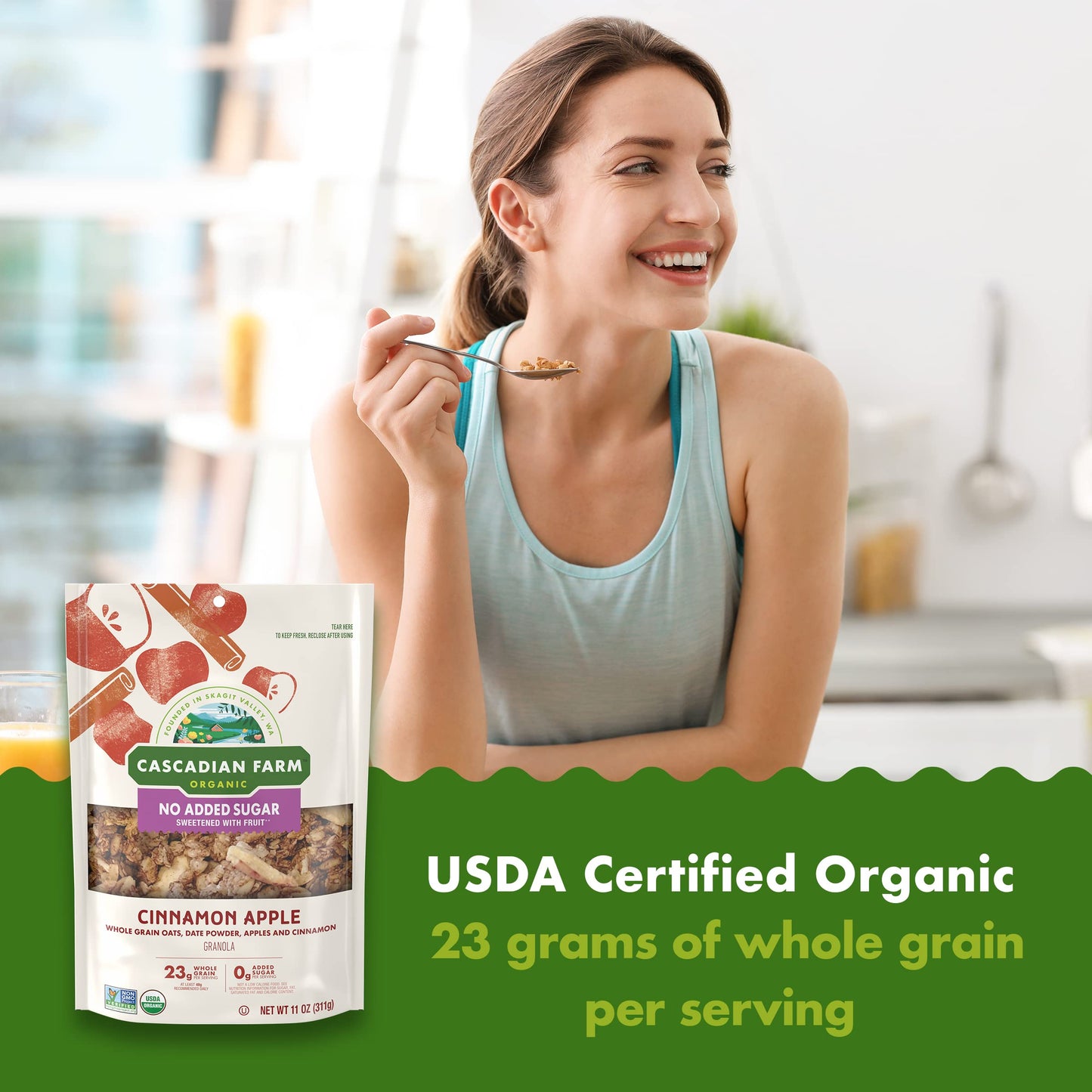 Cascadian Farm Organic Granola With No Added Sugar, Cinnamon Apple Cereal, Resealable Pouch, 11 Oz.