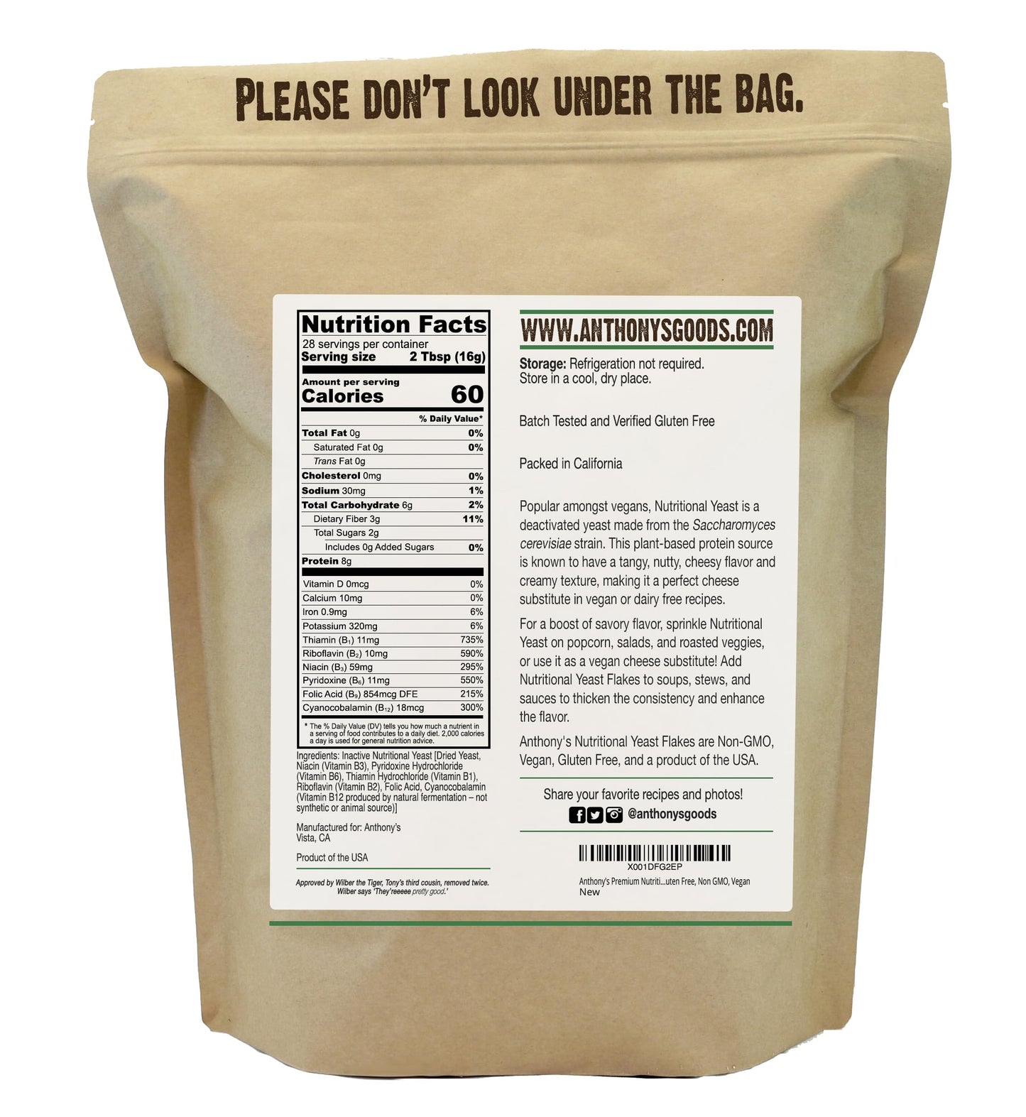 Anthonys Premium Nutritional Yeast Flakes, 1 Lb, Fortified, Gluten Free, Non Gmo, Vegan