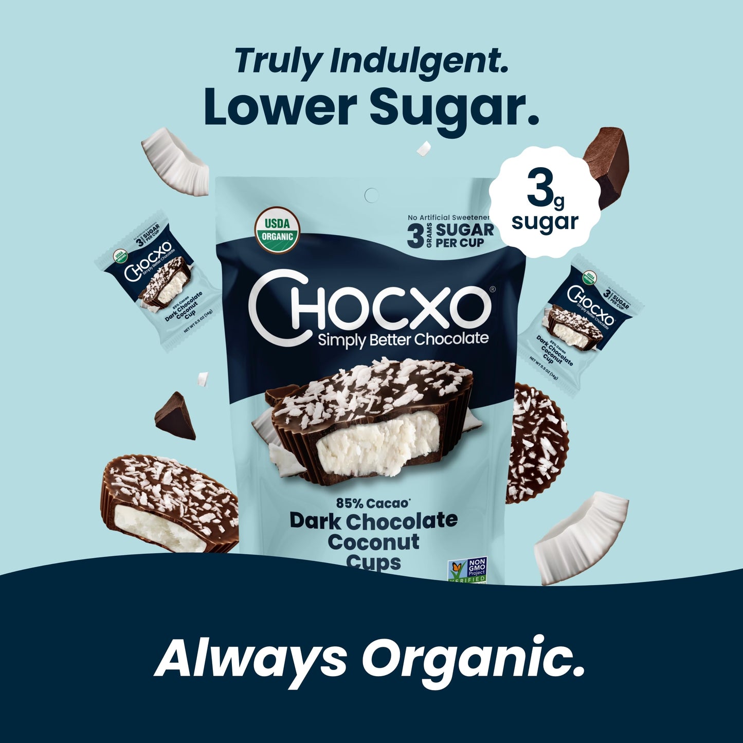 ChocXO Dark Chocolate Coconut Cups, 85% Cacao, 3g Sugar, Keto, 3.45 oz (Pack of 6), Gluten Free, Non-GMO, Kosher