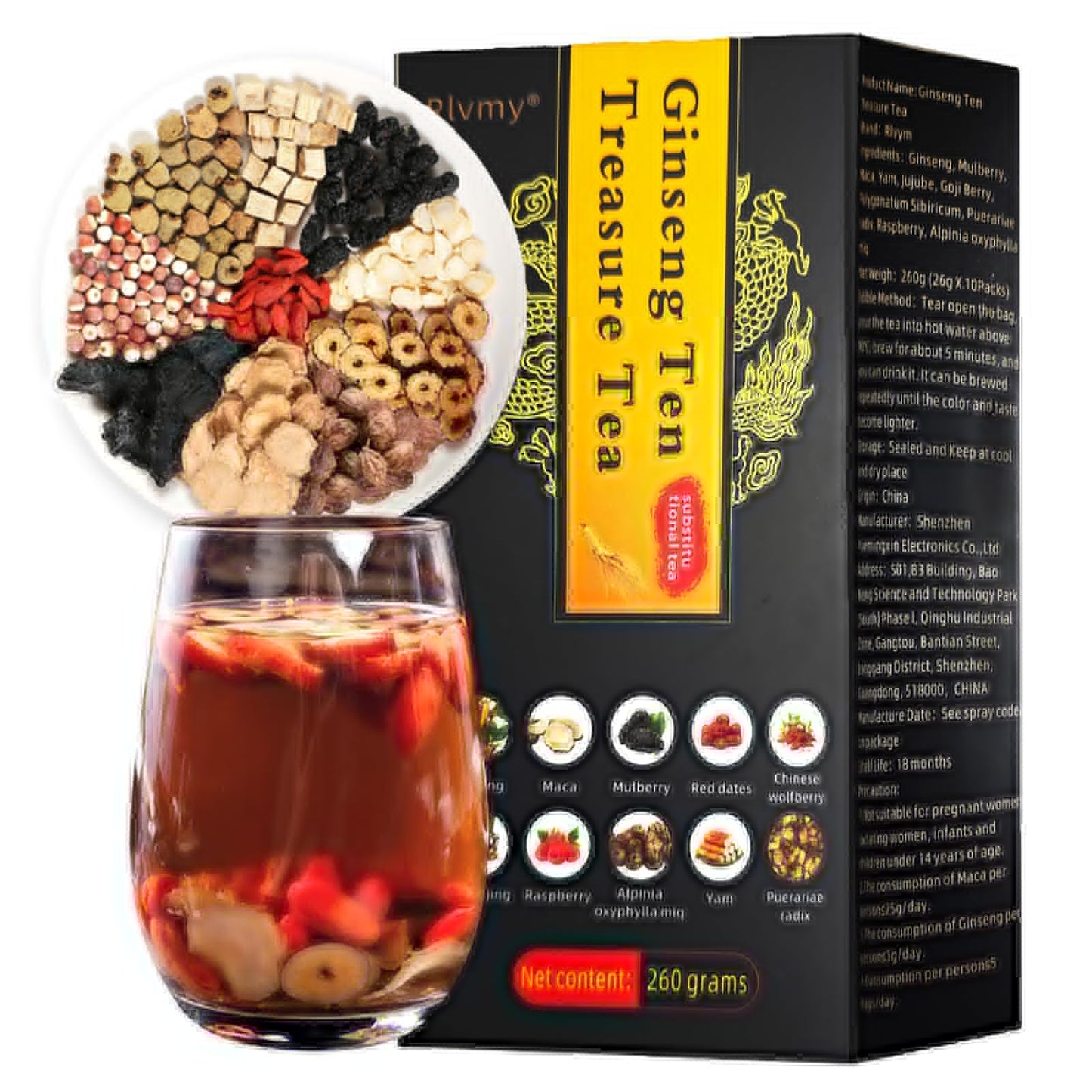 10 Bags Flavor Blendseng Ten Treasures Tea Chinese Herbal Kidney Detox Tea For Men & Women 10 Precious Ingredients Formula (260G 10 Bags/Box)