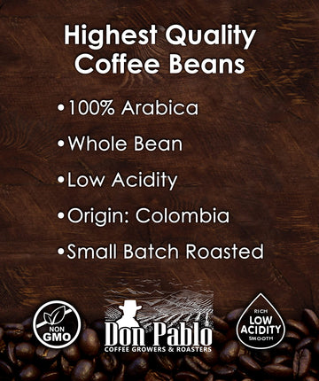 Cafe Don Pablo 5LB Colombian Supremo Whole Bean Coffee - Medium-Dark Roast, Low Acidity - 80 Ounce Bag