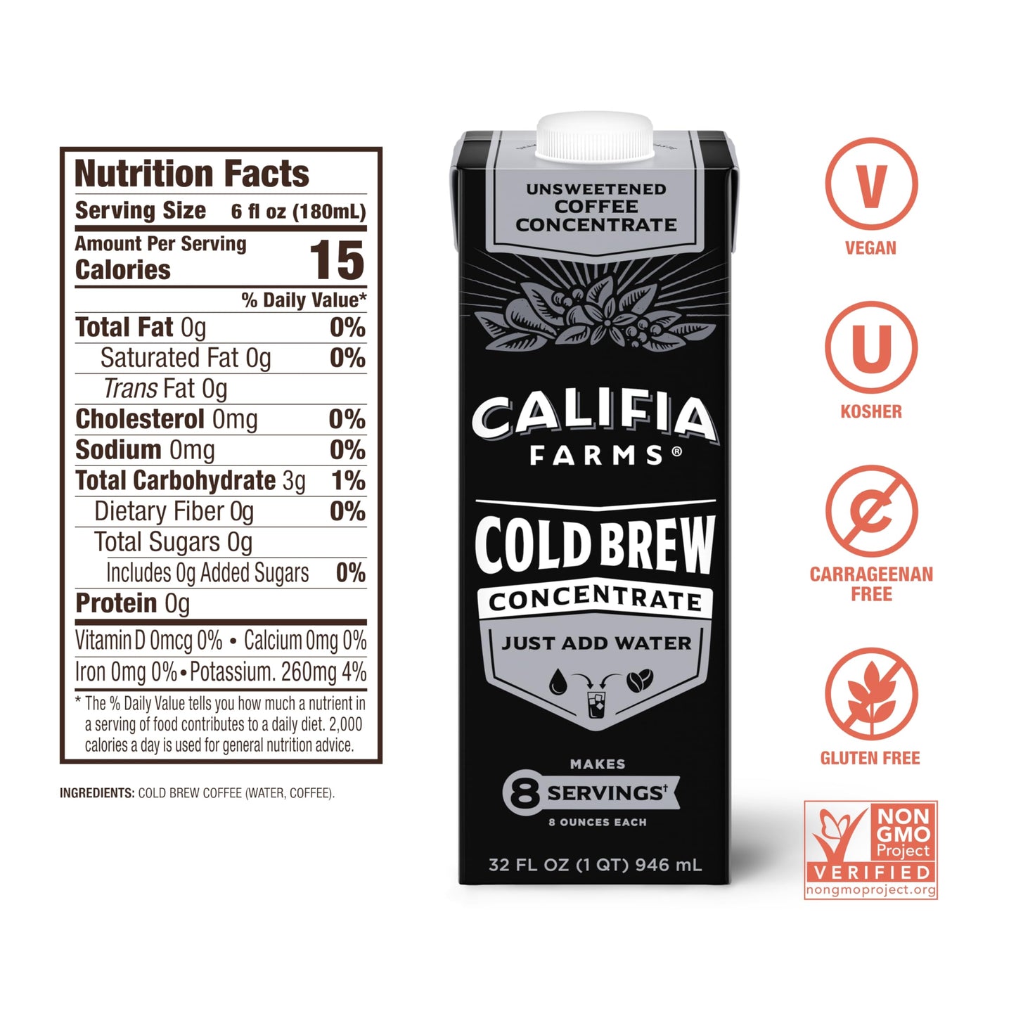 Califia Farms - Unsweetened Cold Brew Coffee Concentrate, 32 Fl Oz (Pack Of 6), 100% Arabica, Shelf Stable, Plant Based, Vegan, Gluten Free, Non Gmo, Sugar Free, Iced Coffee