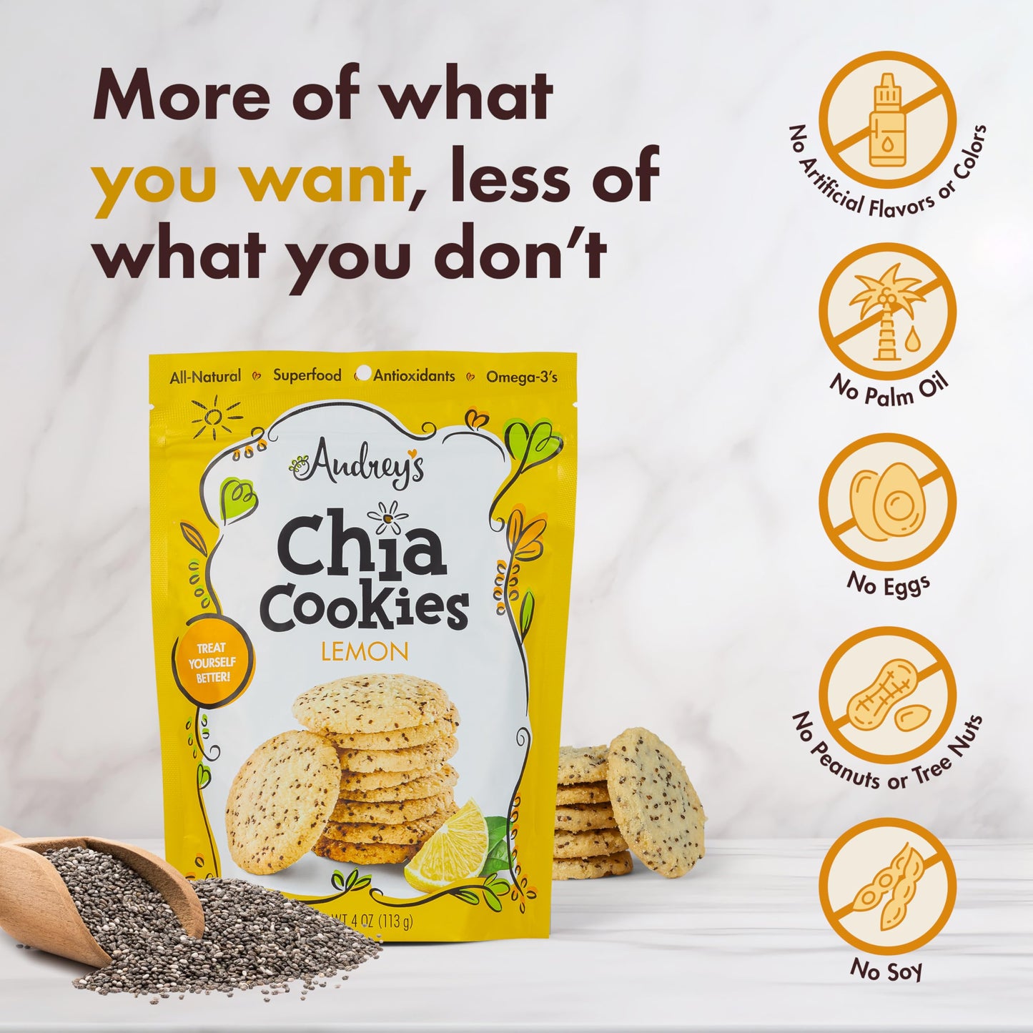 Audreys Chia Cookies - (Lemon, 4 Pack) - Natural, Antioxidants, Omega-3s, Non-GMO