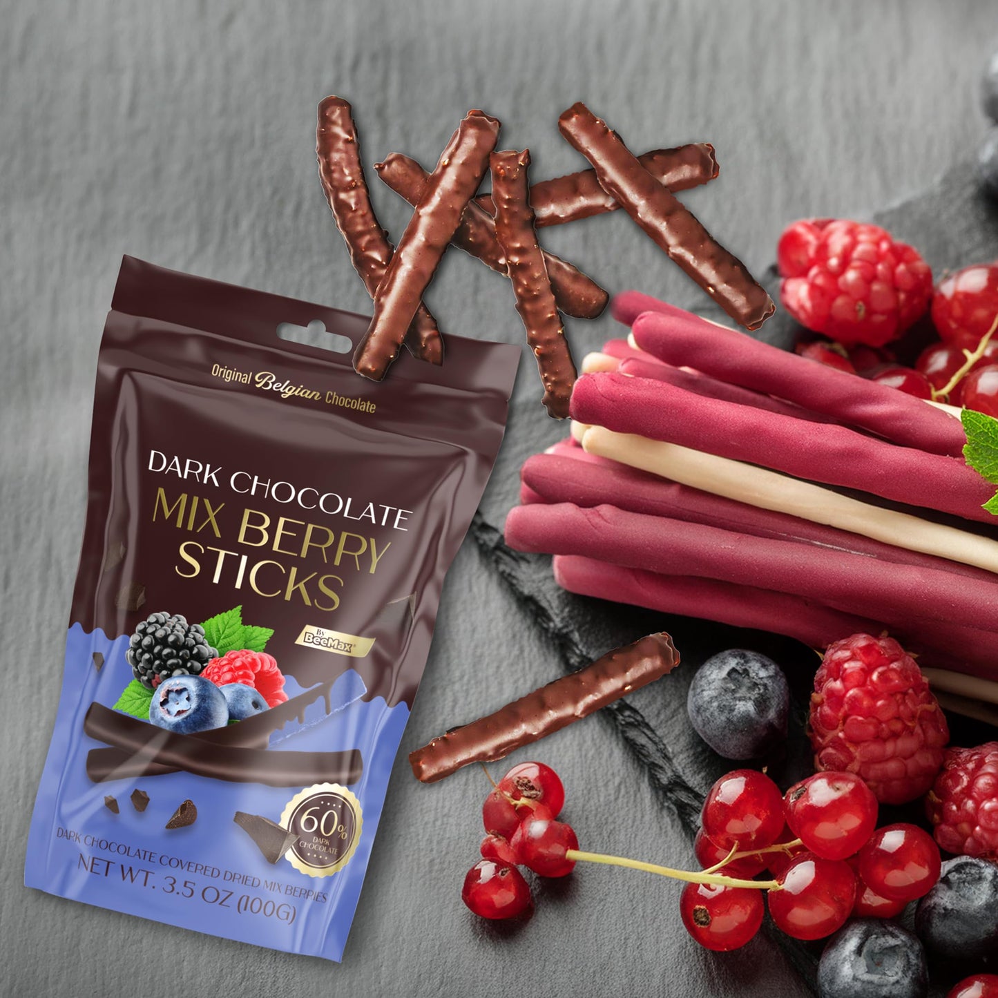BEEMAX Belgian Chocolate Covered Fruit Sticks, Gourmet Dried Fruit, Dark Chocolate, 3.5 oz Resealable Pouch, Non-GMO