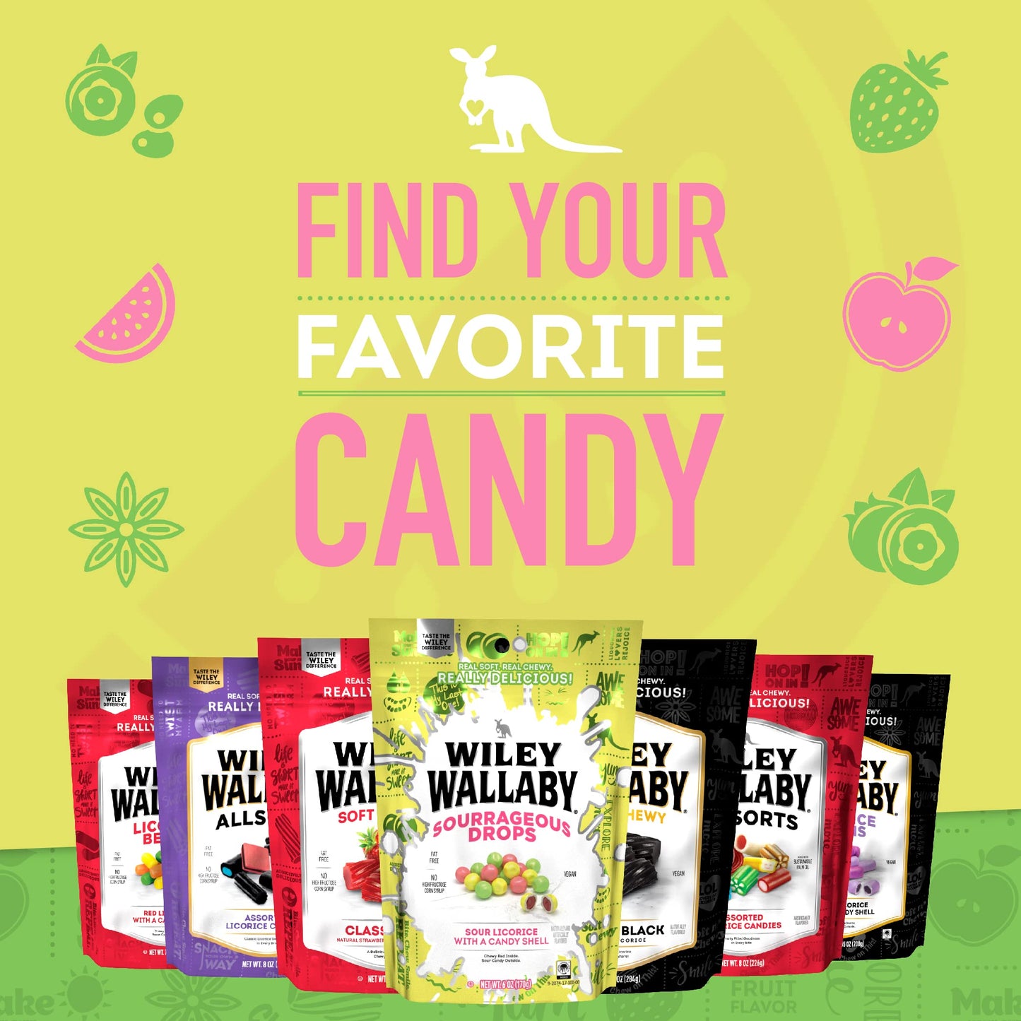 Wiley Wallaby 6 Ounce Sourrageous Drops Mix Of Watermelon, Green Apple And Lemon Soft & Chewy Licorice With A Candy Shell, 3 Pac