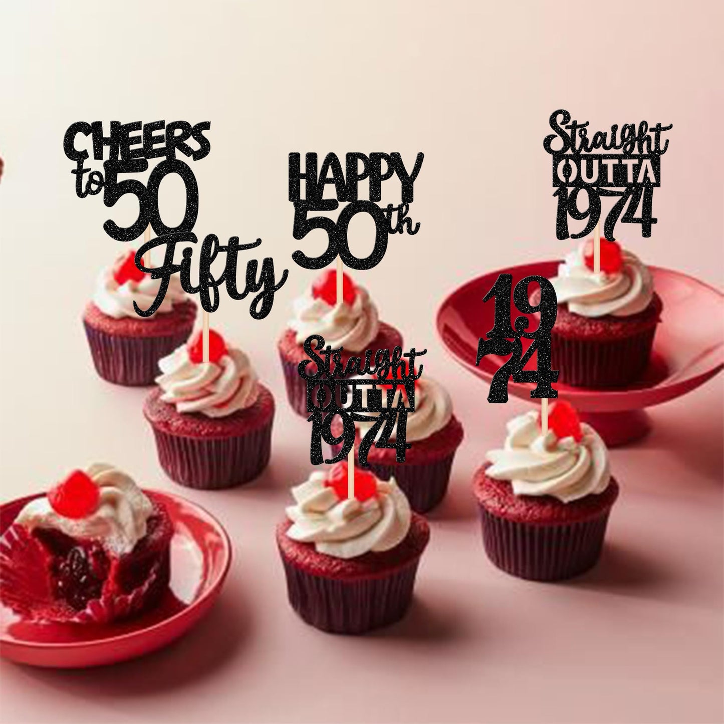 30Pcs Black 50Th Birthday Cupcake Toppers Glitter Fifty Happy 50Th Straight Outta 1974 Cupcake Picks For Cheers To 50 Years 50Th
