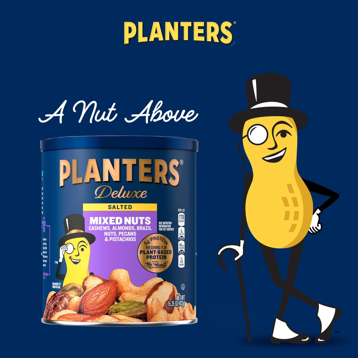PLANTERS Deluxe Mixed Nuts - Roasted Cashews, Almonds, Brazil Nuts, Pistachios, Pecans, 15.25oz Canister
