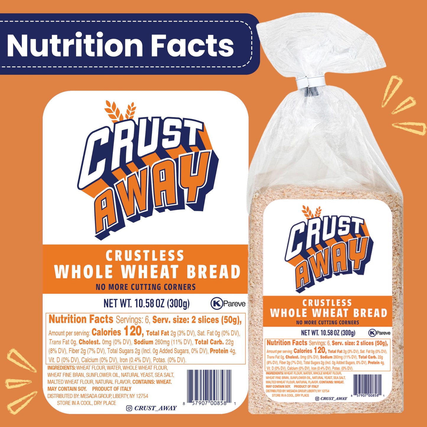 CRUST AWAY Crustless Whole Wheat & White Bread, 2 Pack – Non-GMO, Kosher, All Natural – 14 Day Shelf Life