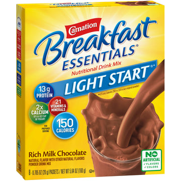 Carnation Breakfast Essentials Light Start Powder Drink Mix, Rich Milk Chocolate, 8 Count Box of Packets