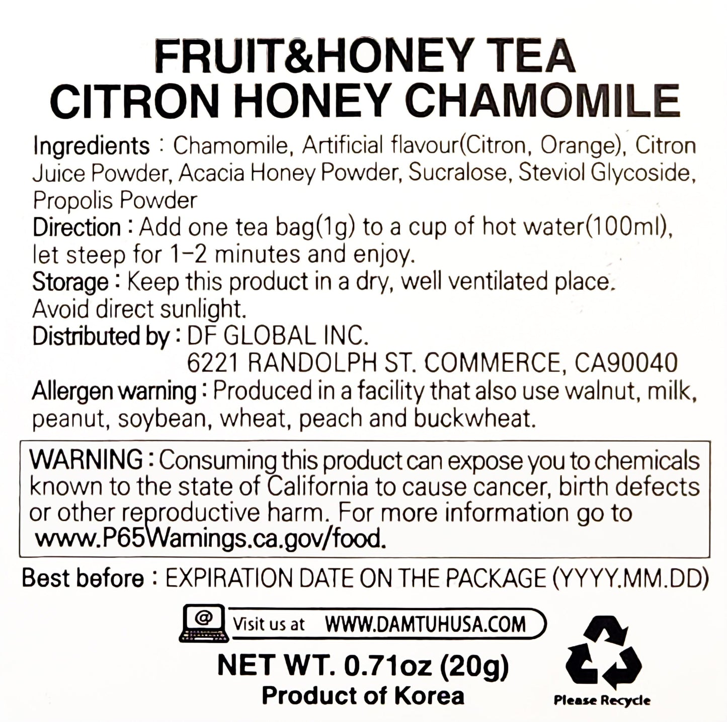 Damtuh Citron Honey Chamomile Tea Bag Zero Calorie Zero Sugar 20G X 20 Count (Pack Of 1)