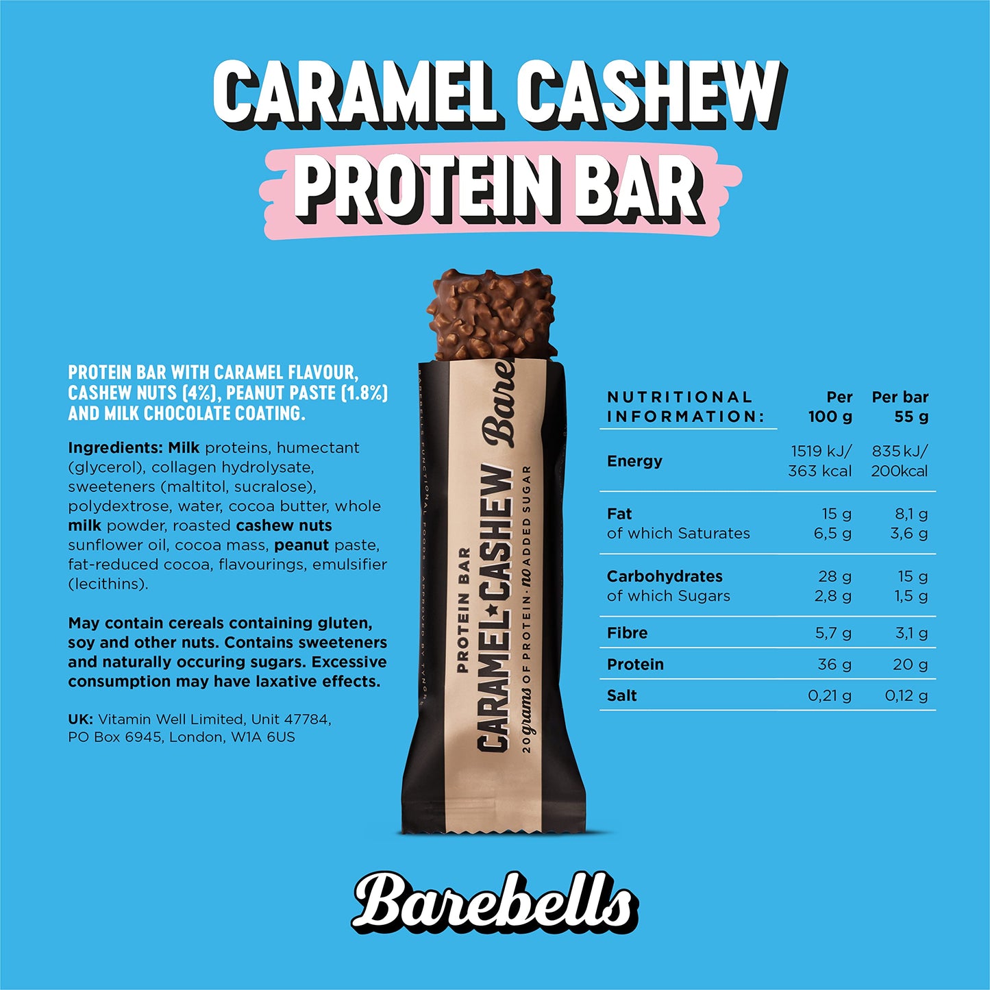 Barebells Protein Bar 55g x 12 bars (Caramel & Cashew)