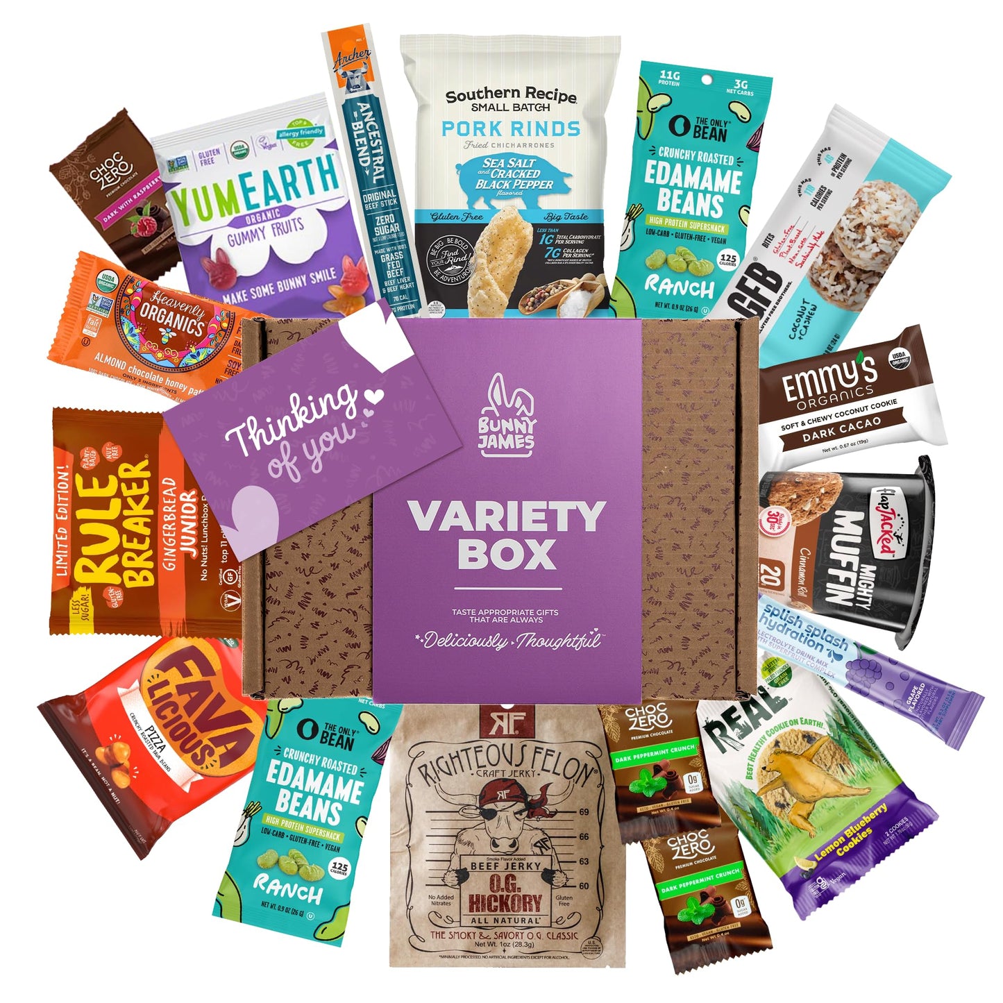 Thinking of You Snack Gift Box - Variety of Sweet & Savory Gourmet Snacks for Adults - Assorted Healthy Treats, Jerky, Cookies,