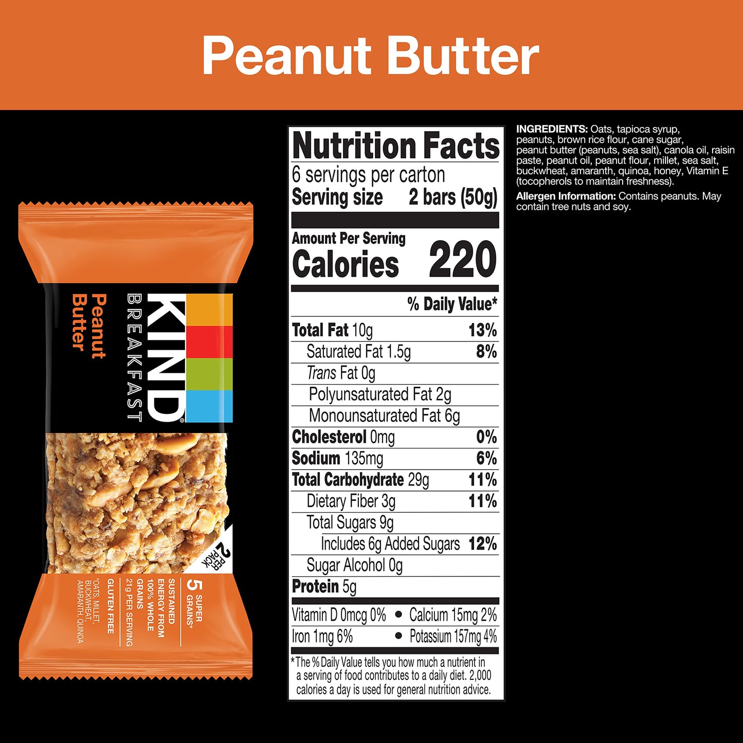 KIND Breakfast Bars - Gluten Free Peanut Butter Snack, 6 Count, Whole Grains & Oats, 5g Protein, Healthy On-the-Go Treat
