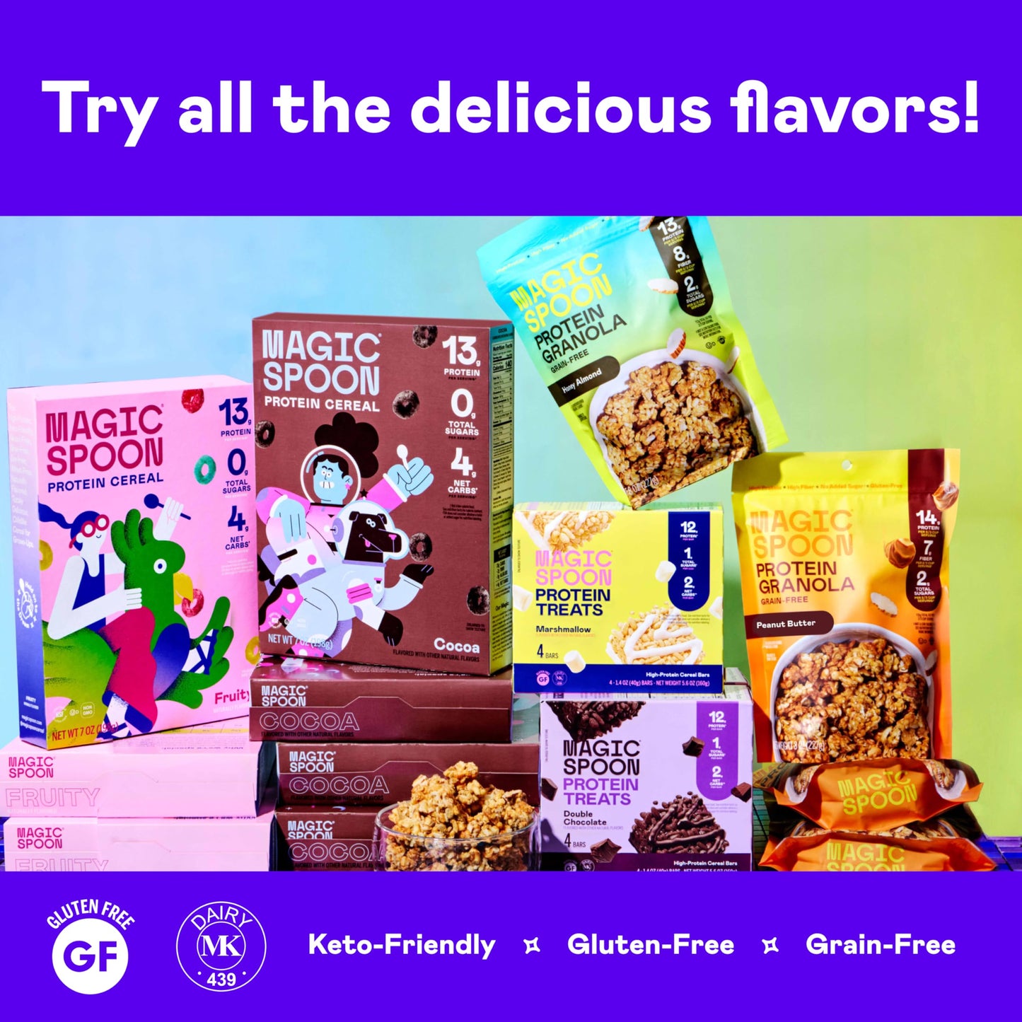 Magic Spoon Cereal - High Protein Cereals - Sugar Free Snacks & Breakfast Food - Grain & Gluten Free Cereal - Low Carb & Keto Friendly - 4 Pack Variety: Fruity Cocoa Chocolate Chip Peanut Butter