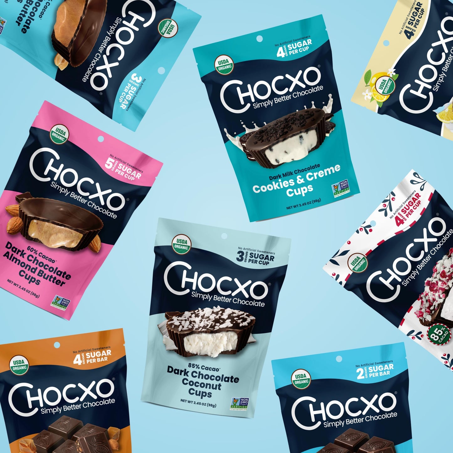 Chocxo Dark Milk Chocolate Cookies & Crème Cups - Lower Sugar, 69% Organic Cacao, Nongmo, Keto, Gluten Free, Kosher, No Artificial Sweeteners/Sugar S, 3.45 Oz (Pack Of 6)