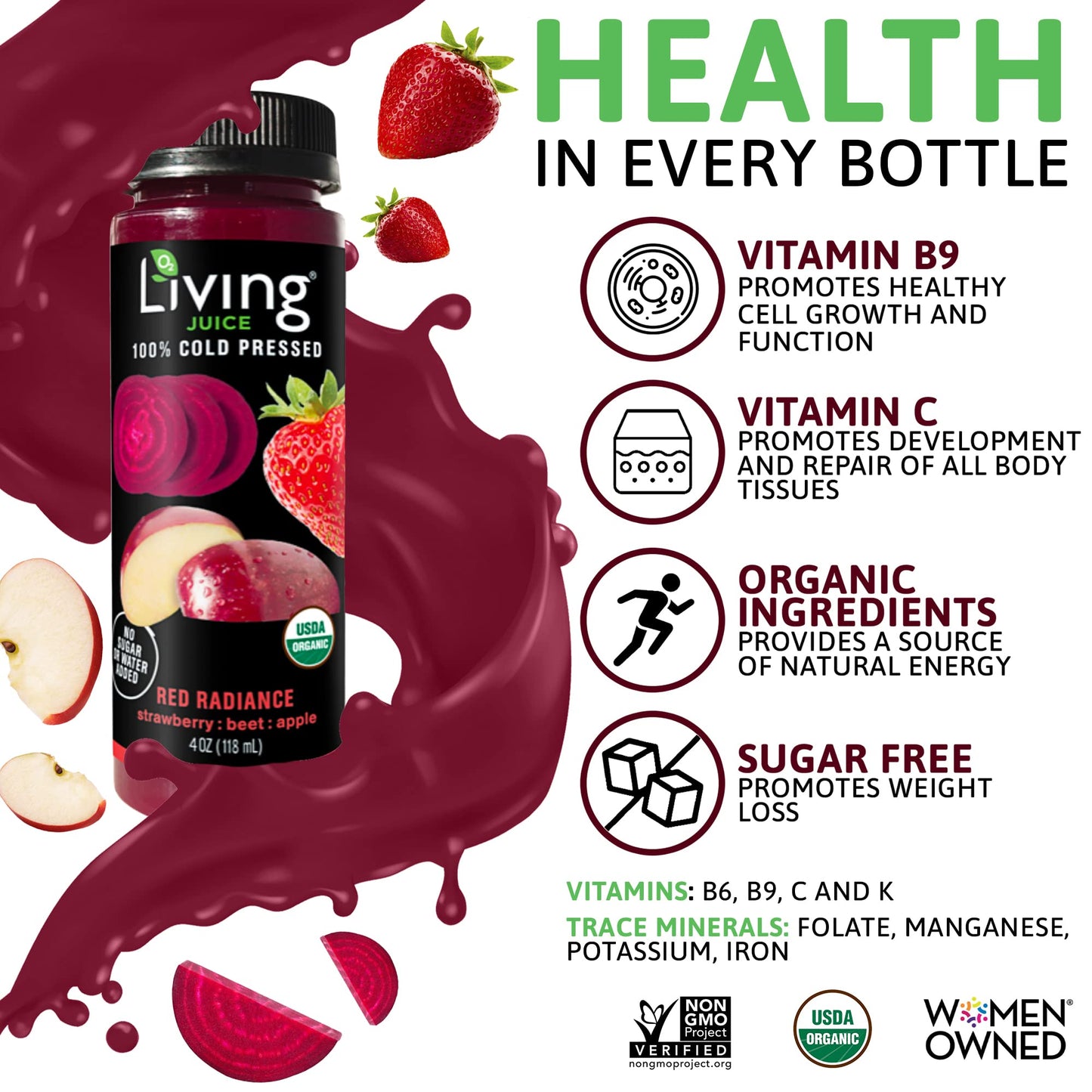 O2 Living Health Juices: Cold Pressed Juice - No Added Sugar Or Water Fresh Juices -Nutrient-Packed Fruit & Vegetable Juice, Fru