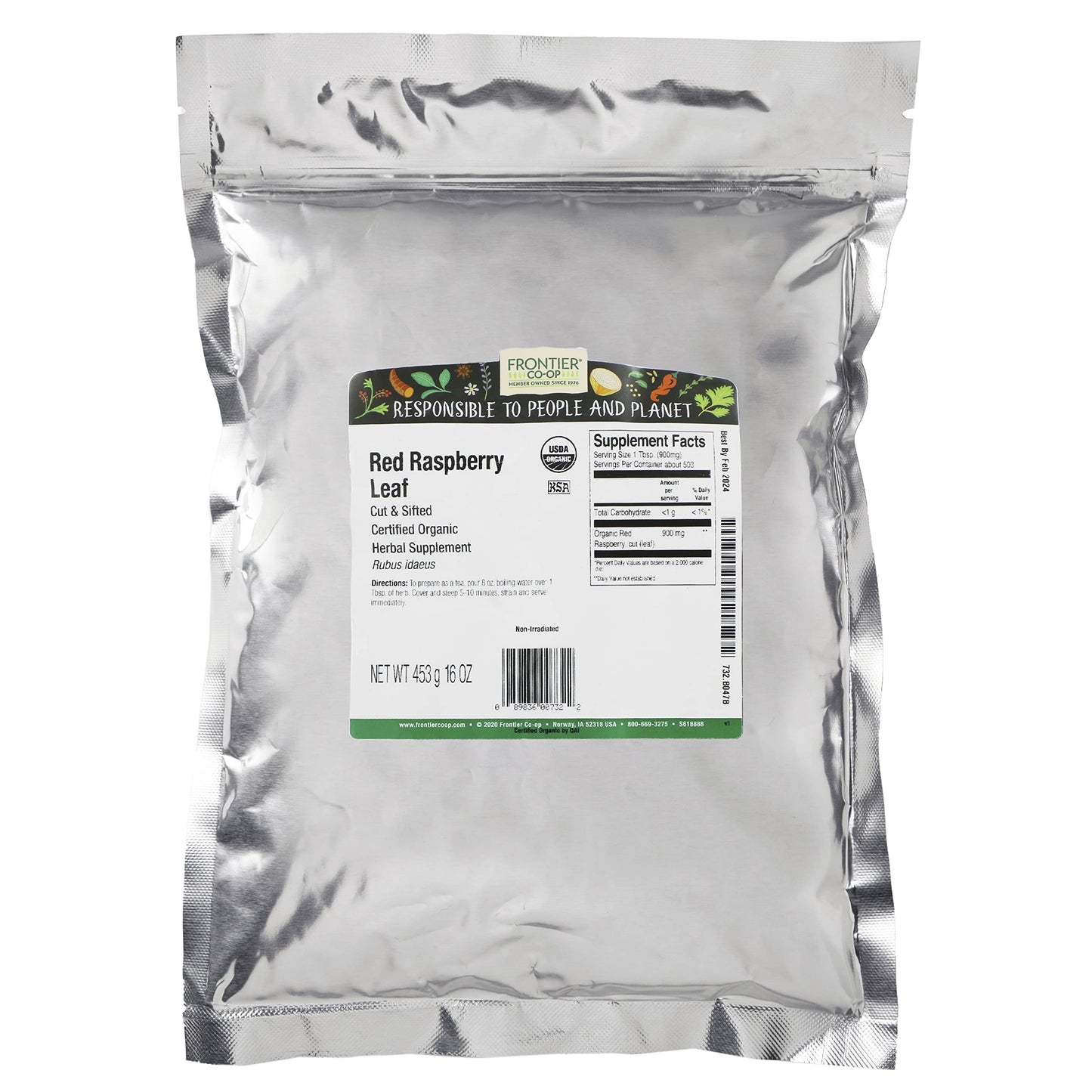 Frontier Co-op Organic Cut & Sifted Red Raspberry Leaf, 16 oz (453 g), Red, 1 Pound Pack