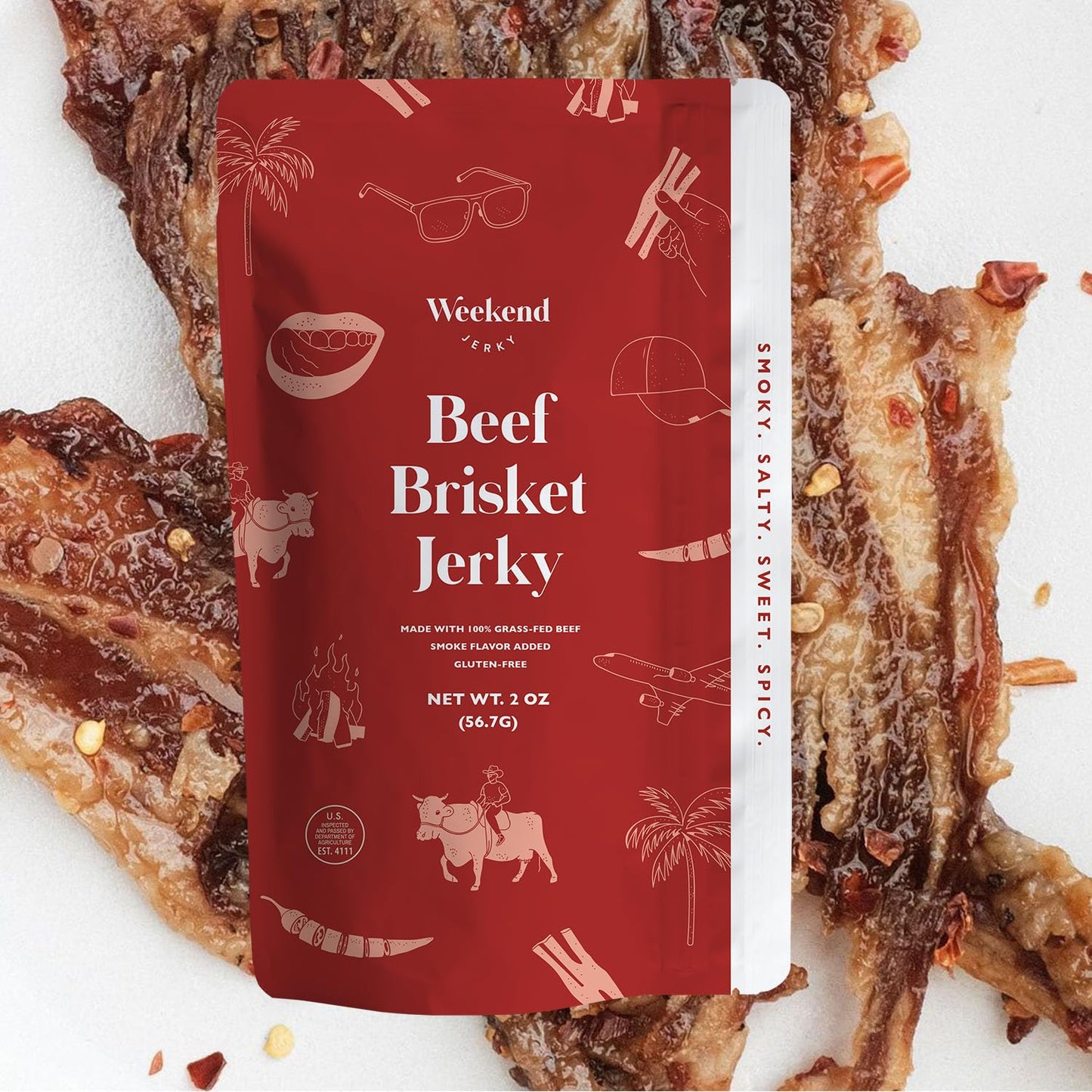 Top-Grade Beef Brisket Jerky By Weekend Jerky - Made With 100% Grass-Fed Beef Gluten-Free Sweet Spicy Smoky Salty Fatty Thin Crispy Super Tasty Flavorful Highly Addicting No Added Refined Sugars (2Oz)