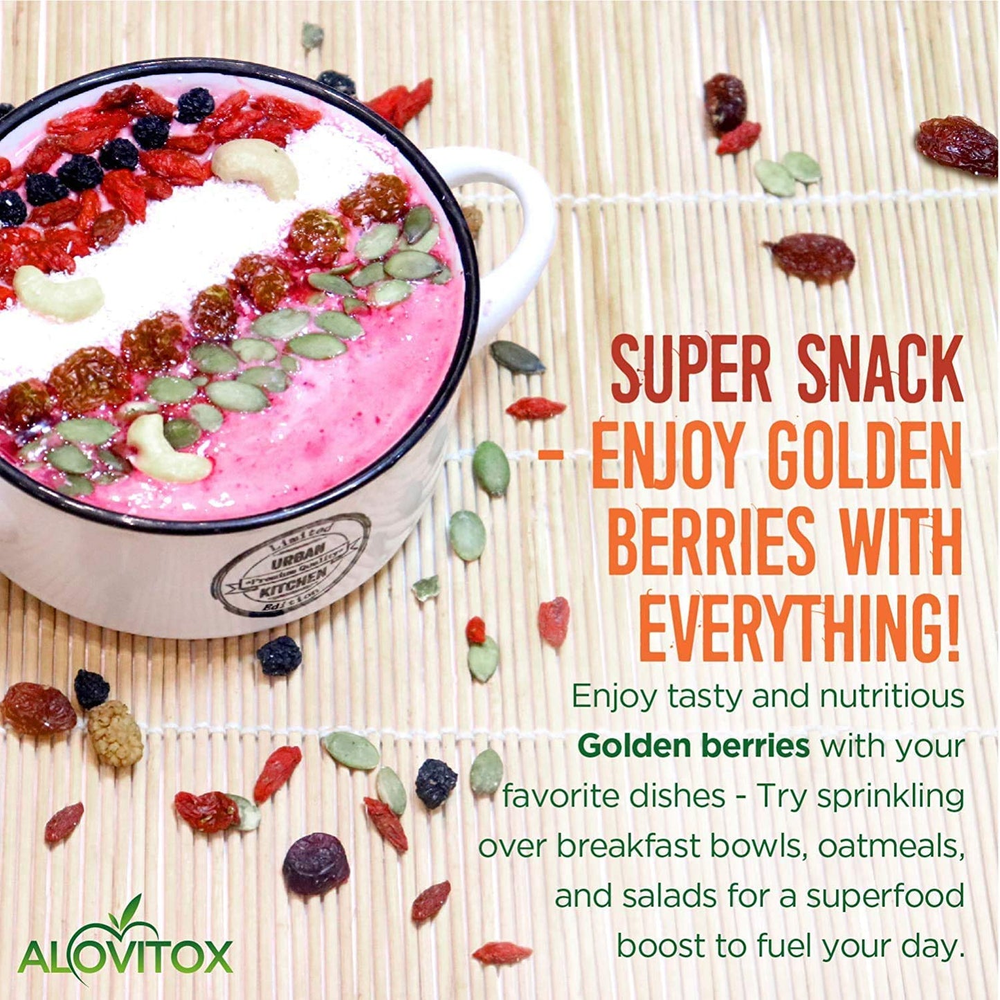 Alovitox Organic Sun Dried Golden Berries 16 oz | Raw, Vegan, Gluten Free Super Snack High in Smart Protein, Dietary Fiber, Vita