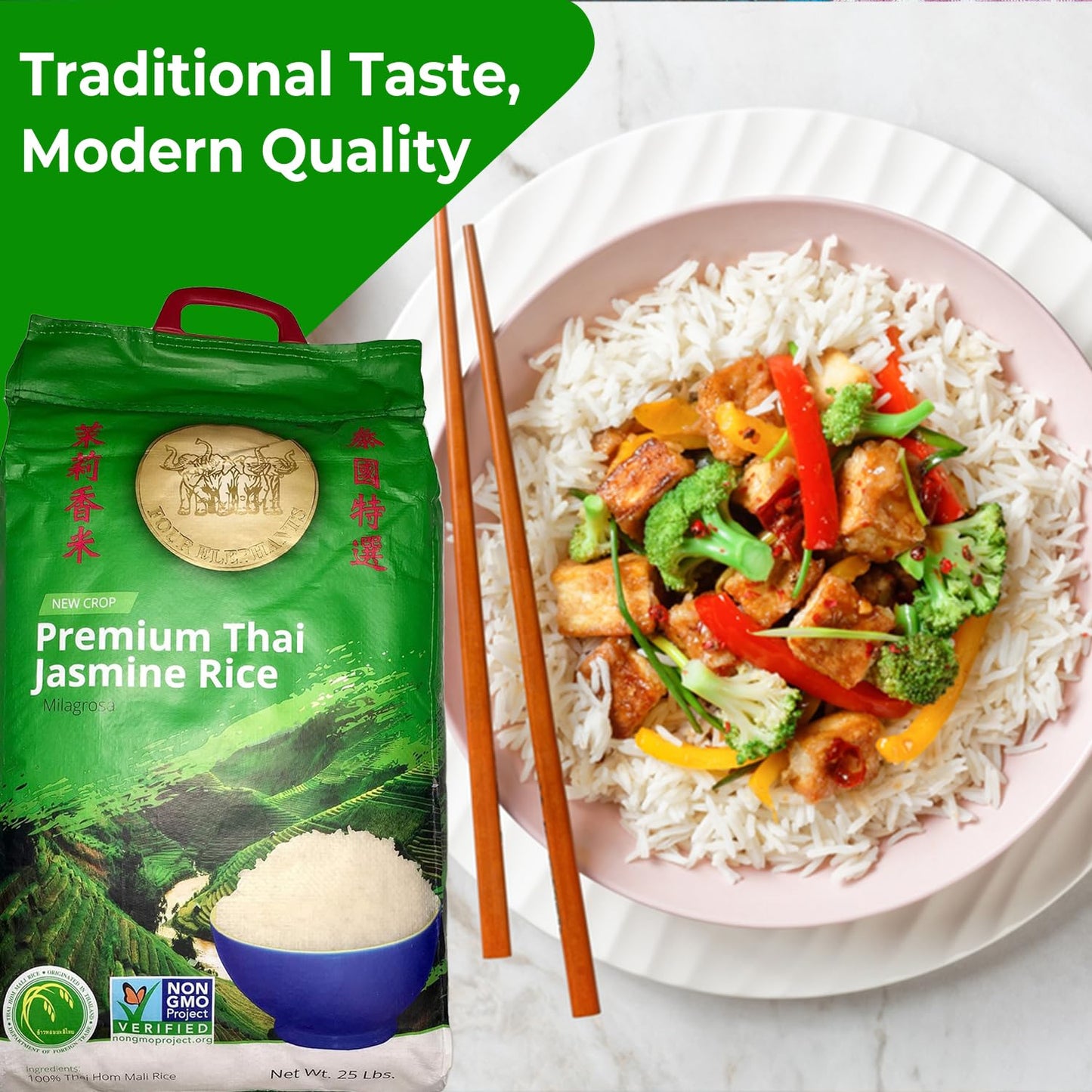 25 Pounds (LBS) Premium Thai Hom Mali Jasmine Rice | Endorsed By Pro Chefs | Four Elephants Brand | Cooking Instructions Packagi
