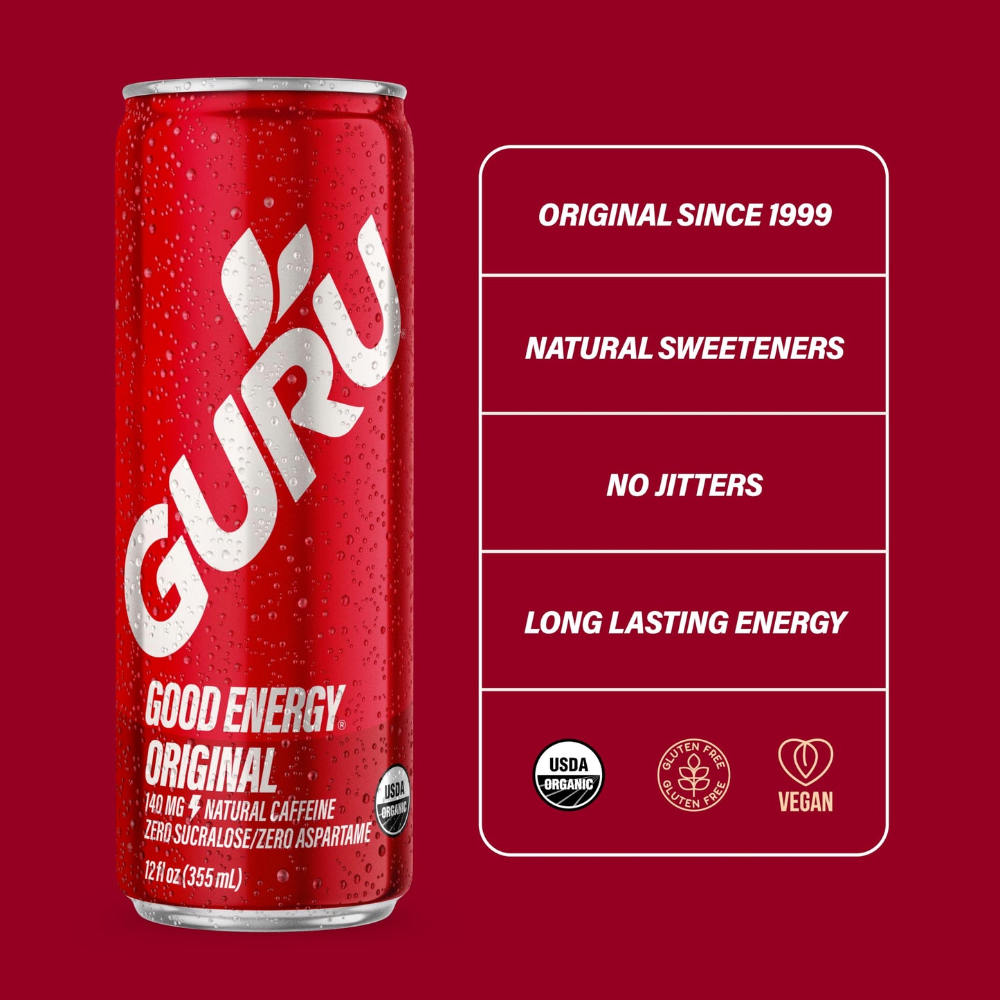 GURU Organic Energy Drink, Plant-Based Caffeine, Gluten-Free, Vegan, 12oz (Pack of 24)