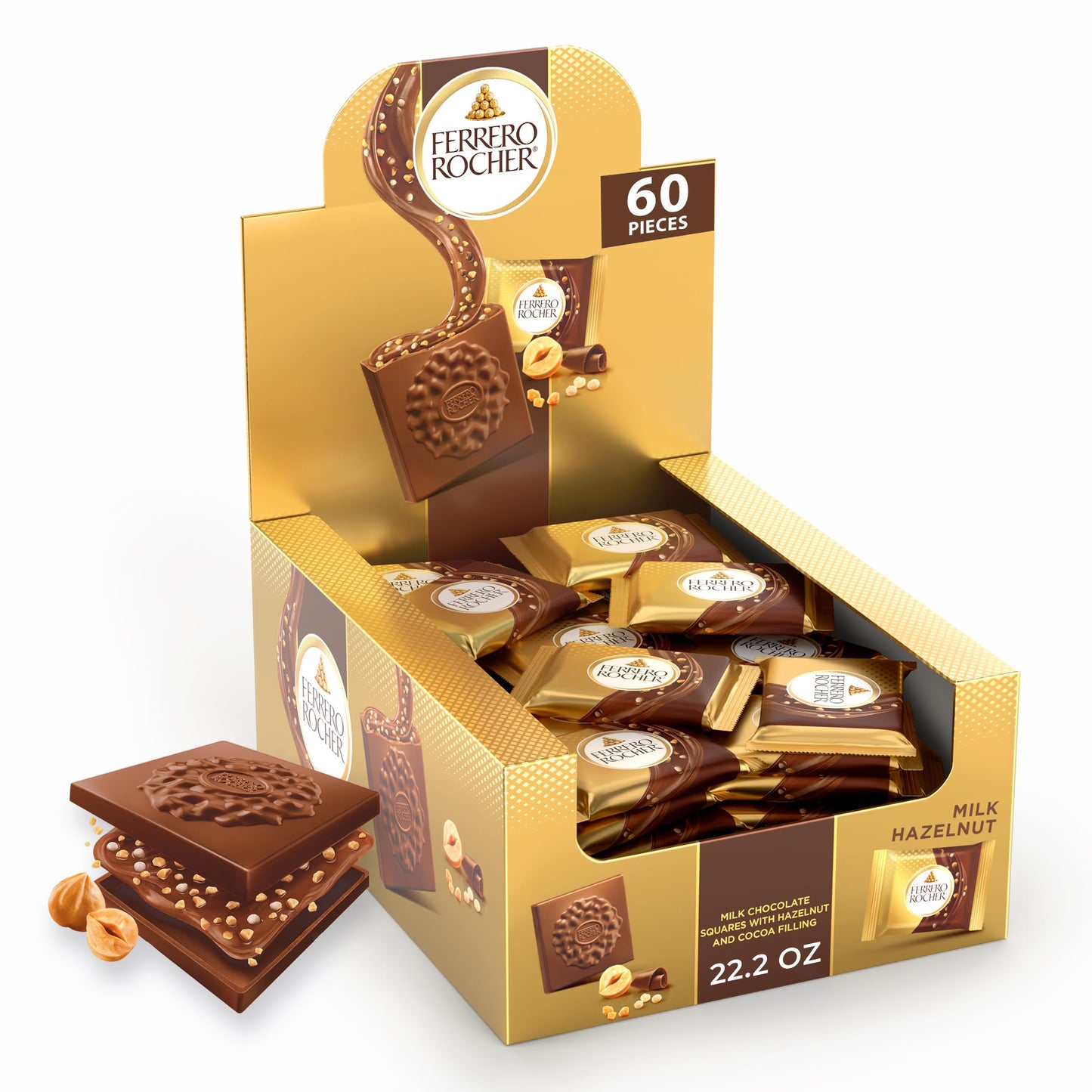 Ferrero Rocher Top-Grade Hazelnut Milk Chocolate Squares ValentineS Day Chocolate Gifts 60 Pieces 22.2 Oz