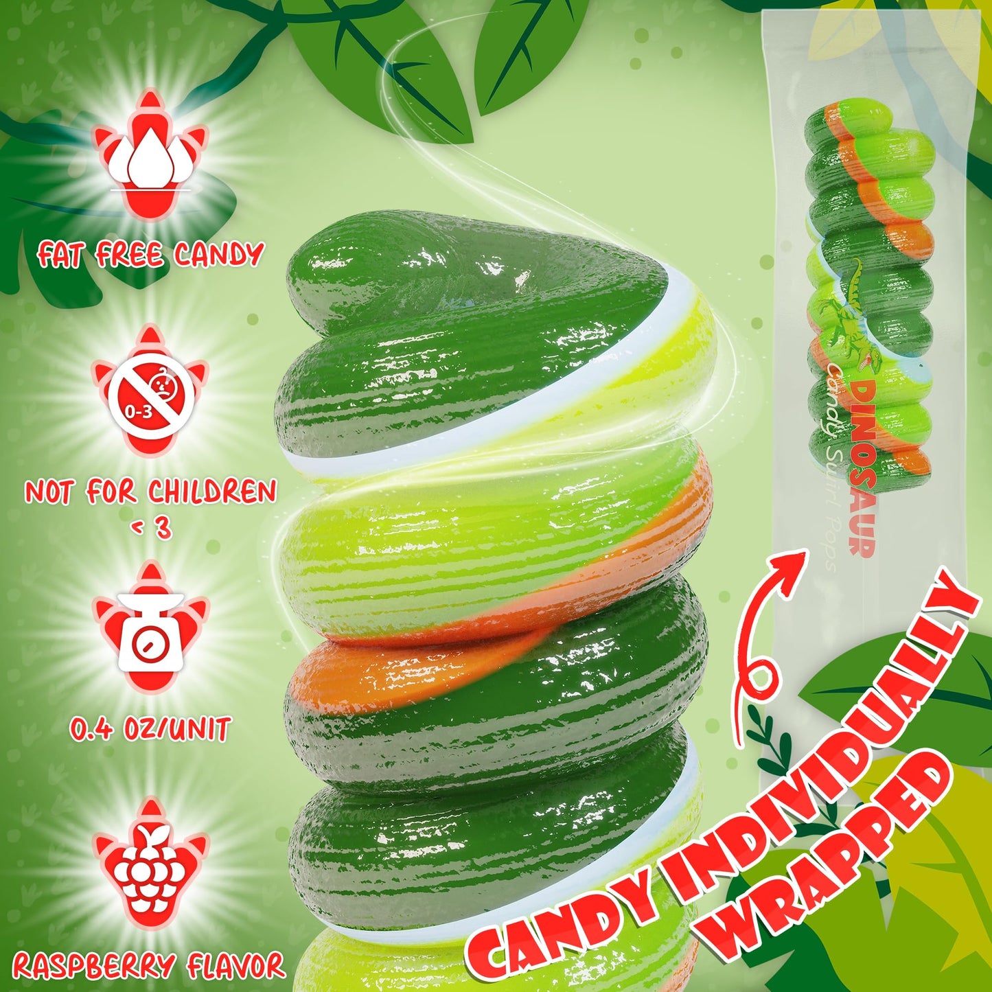 Dinosaur Swirl Lollipops For Kids Individually Wrapped Candy 20Pk- Dinosaur Lollipops - Dinosaur Party Favors - Dinosaur Candy For Dinosaur Party Favor Bags & Dinosaur Birthday Party Supplies