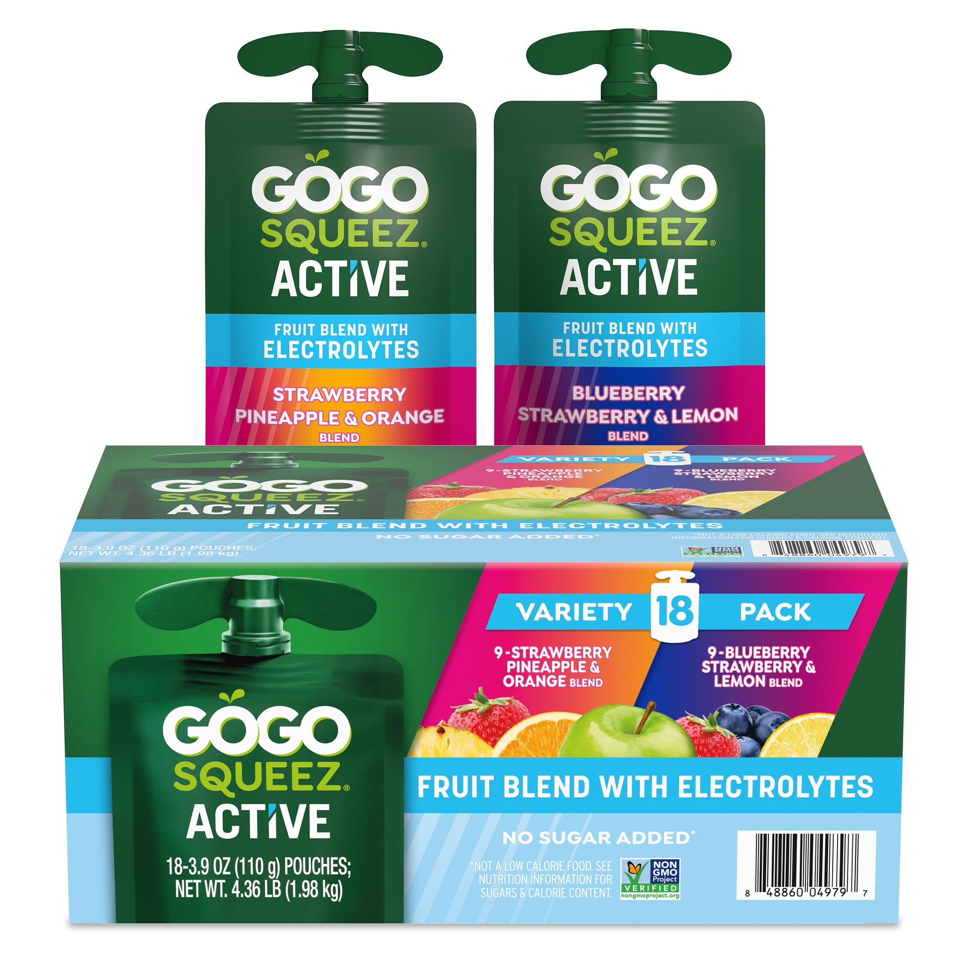 GoGo squeeZ Active Fruit Blend with Electrolytes | 18-Count Variety Pack | Blueberry Strawberry Lemon & Strawberry Pineapple Ora