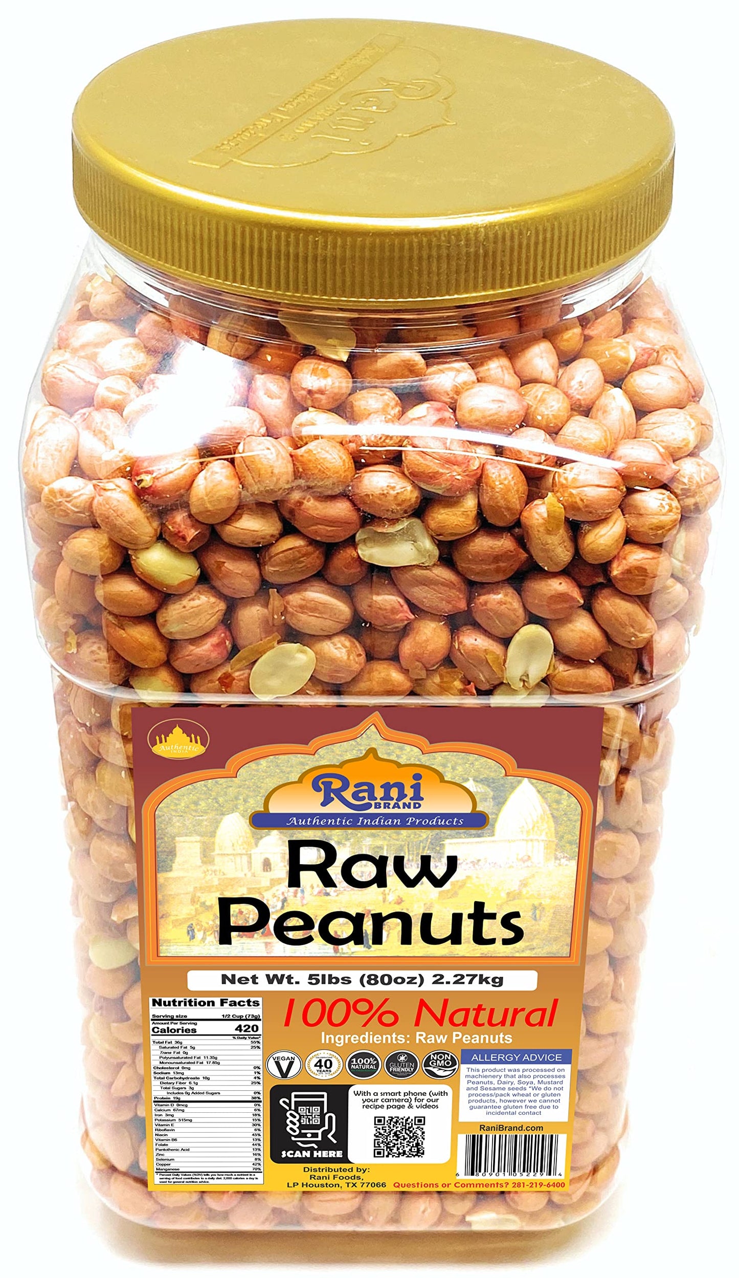Rani Peanuts, Raw Whole With Skin (uncooked, unsalted) 96oz (6lbs) 2.72kg Bulk PET Jar ~ All Natural | Vegan | Gluten Friendly |
